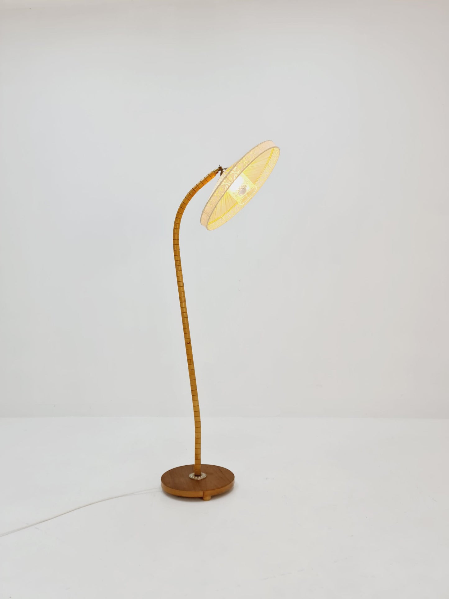 Midcentury vintage gooseneck floor lamp in teak and beech with glass and fabric shade by Marksljöd Sweden, 1950s