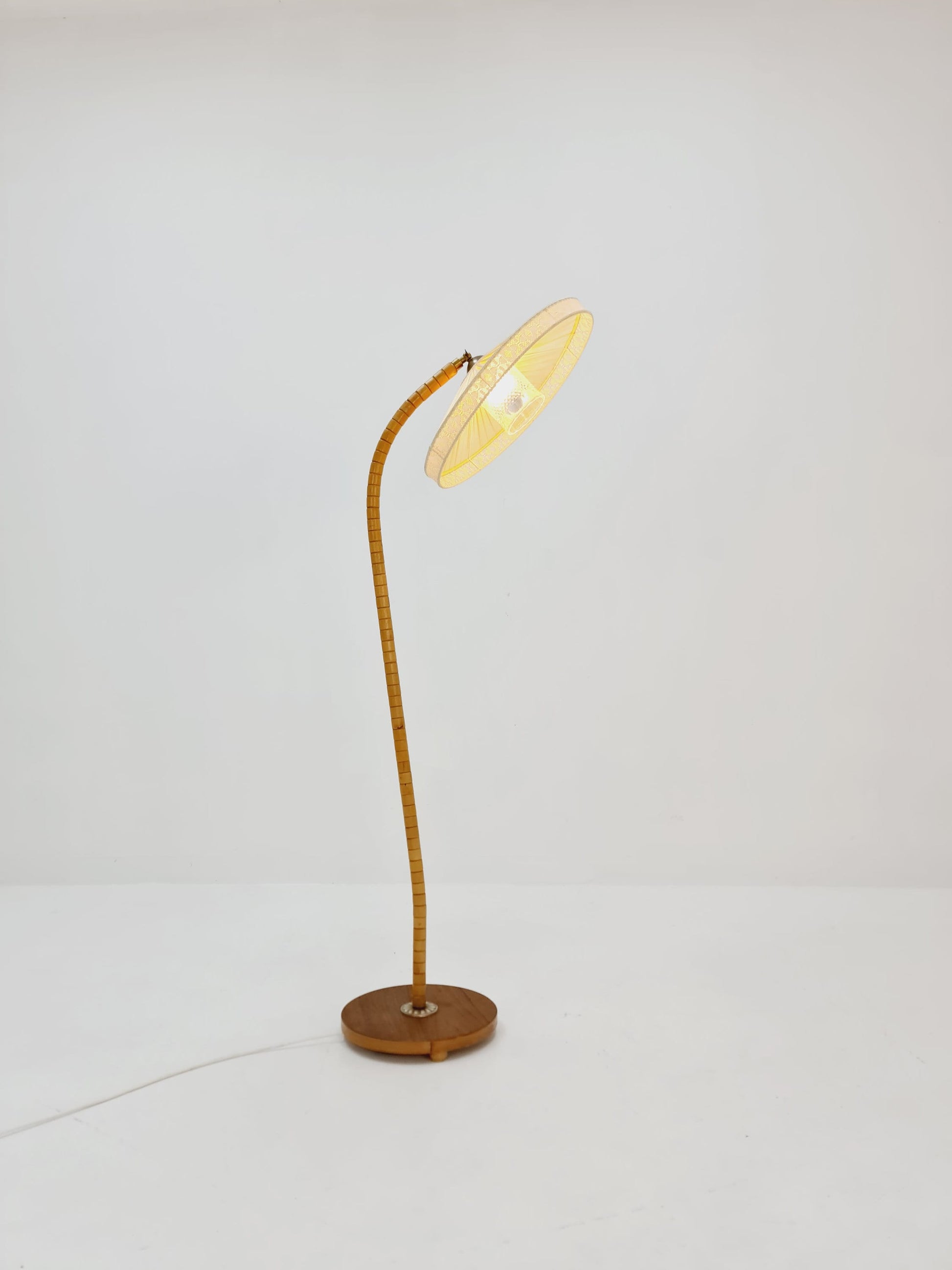 Midcentury vintage gooseneck floor lamp in teak and beech with glass and fabric shade by Marksljöd Sweden, 1950s