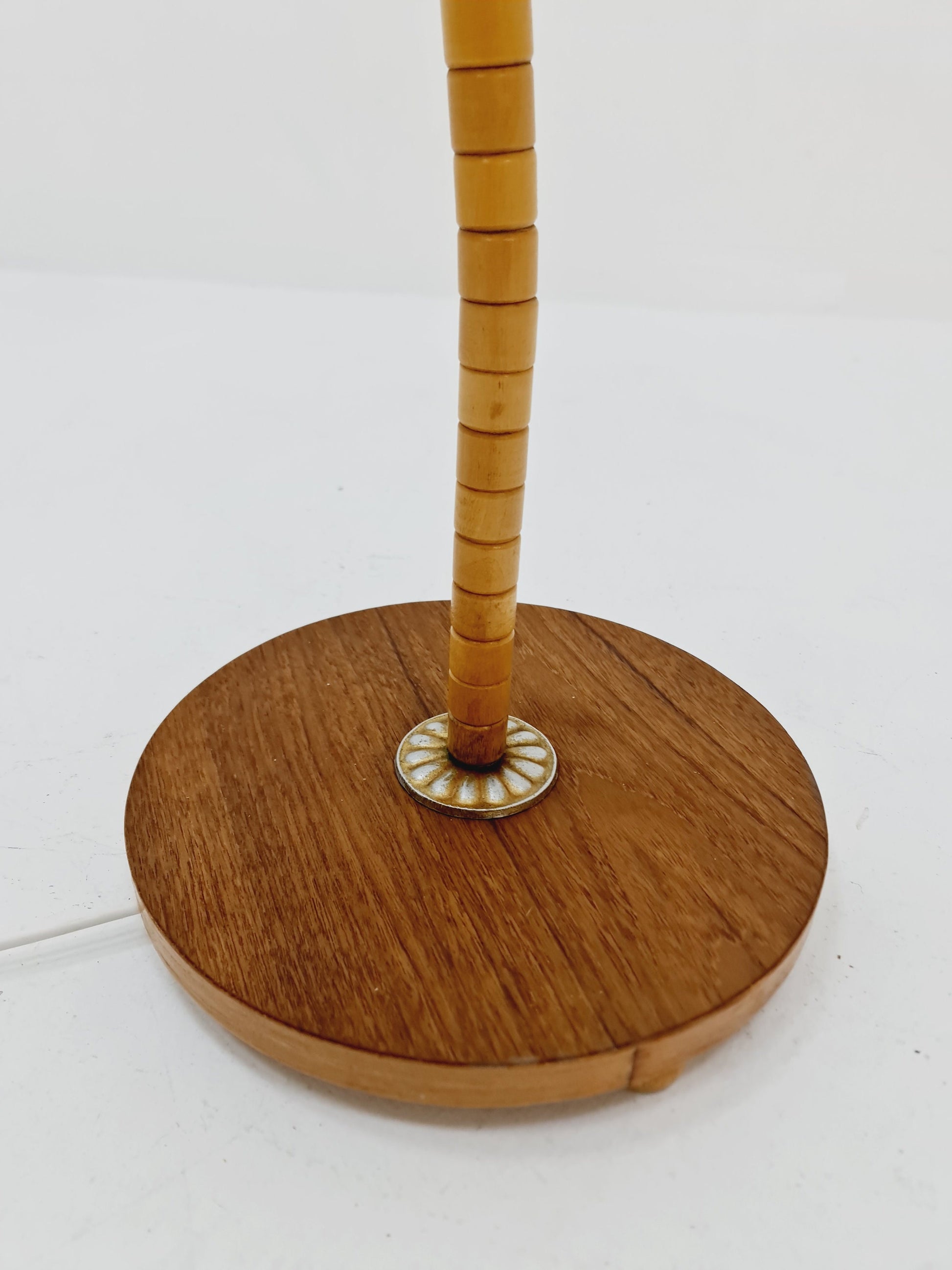 Midcentury vintage gooseneck floor lamp in teak and beech with glass and fabric shade by Marksljöd Sweden, 1950s