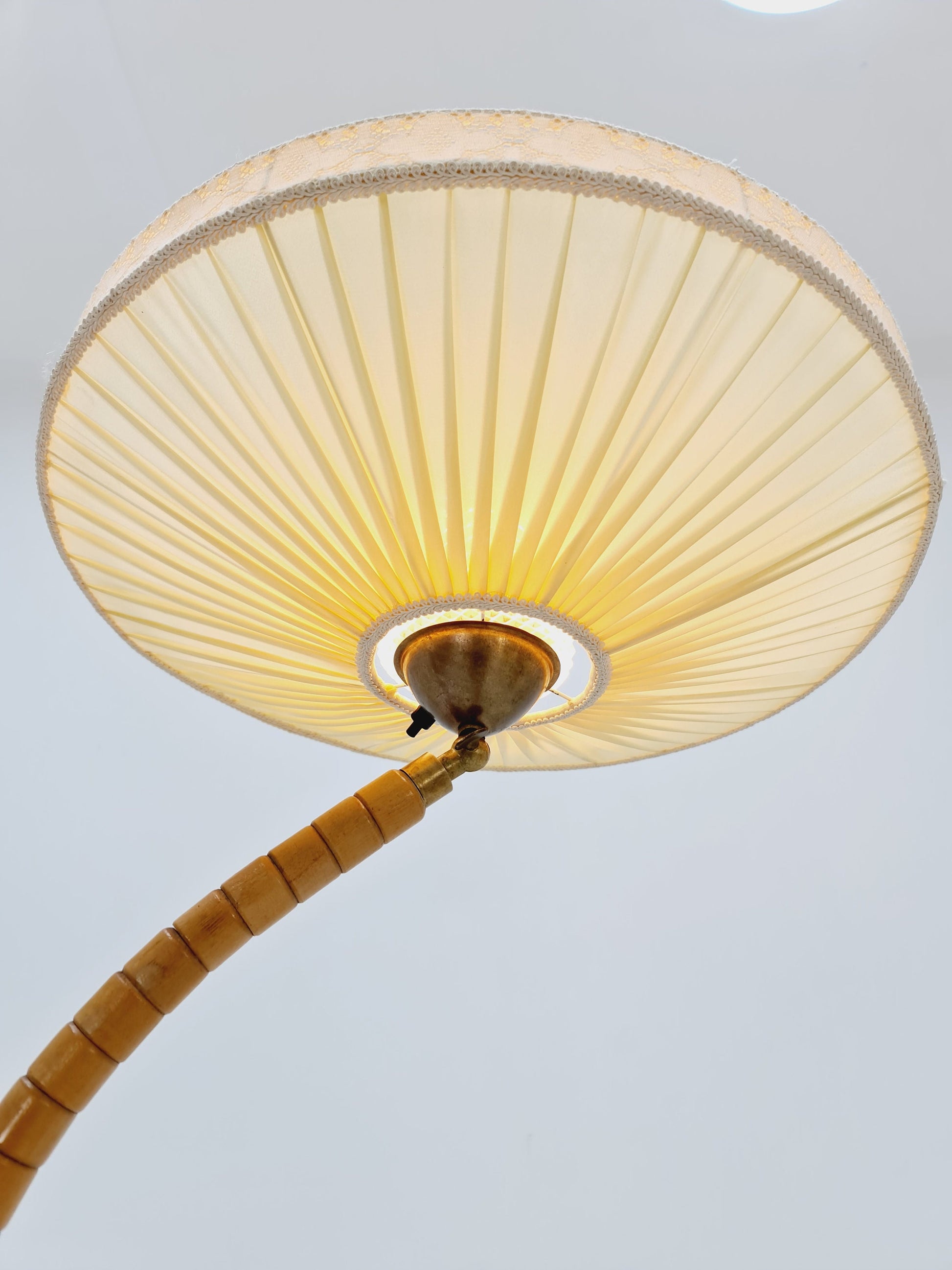 Midcentury vintage gooseneck floor lamp in teak and beech with glass and fabric shade by Marksljöd Sweden, 1950s