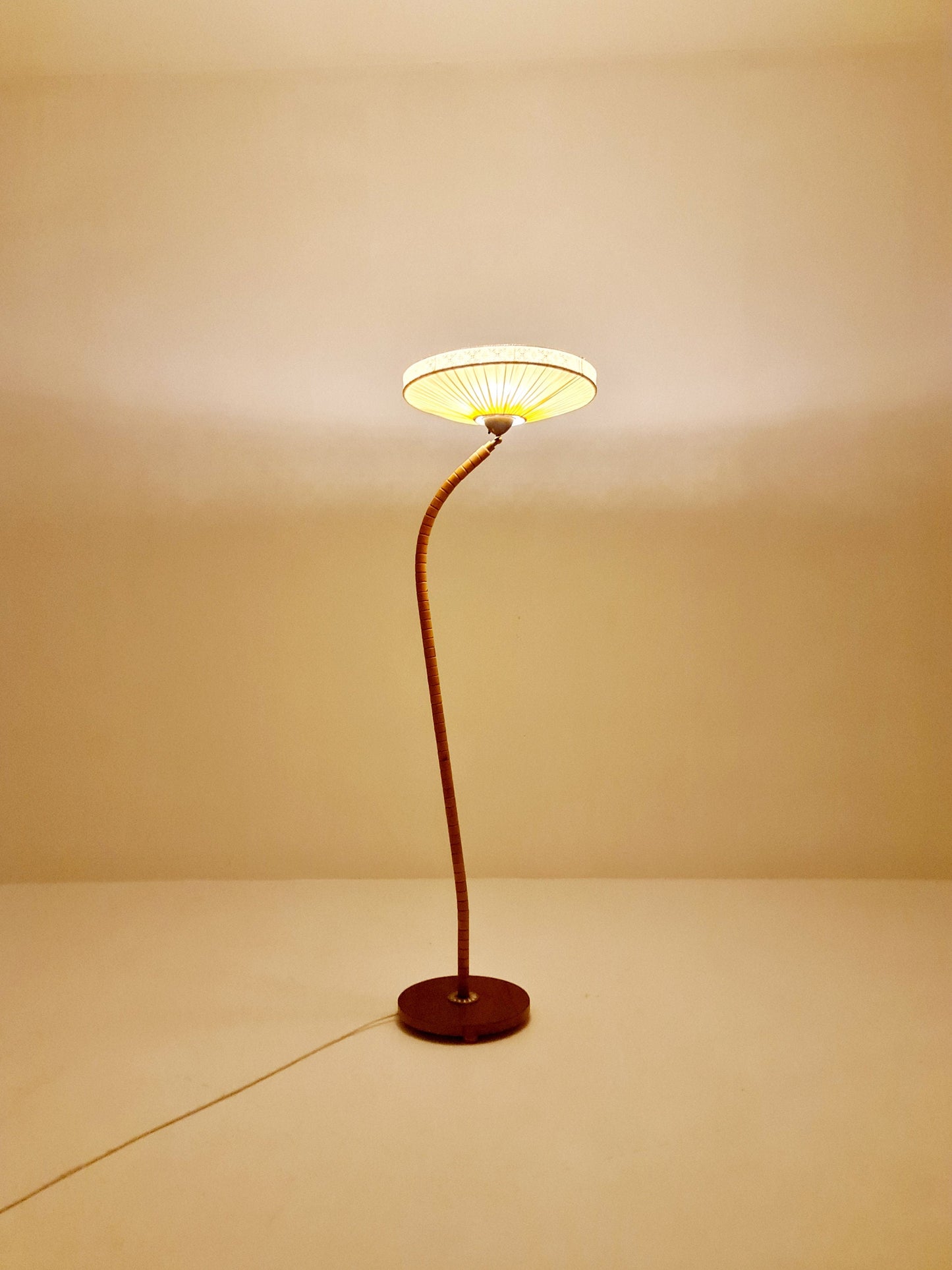 Midcentury vintage gooseneck floor lamp in teak and beech with glass and fabric shade by Marksljöd Sweden, 1950s