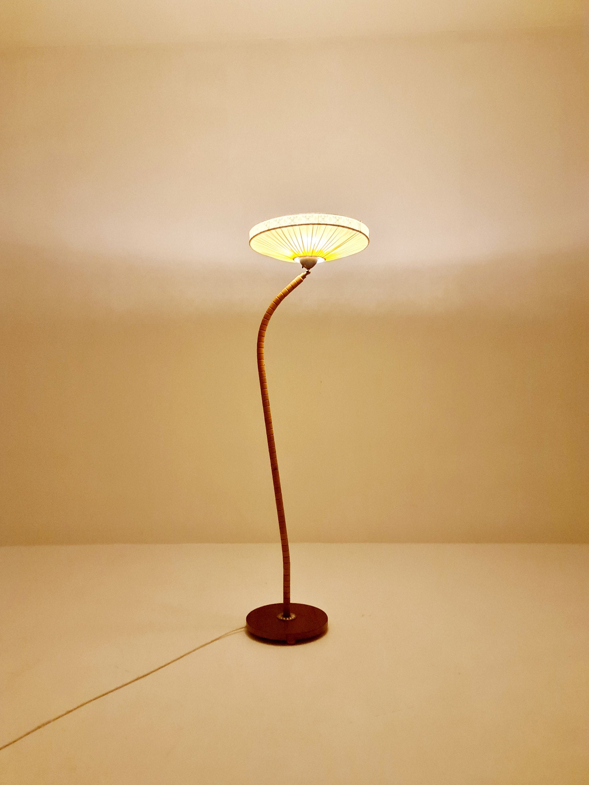 Midcentury vintage gooseneck floor lamp in teak and beech with glass and fabric shade by Marksljöd Sweden, 1950s