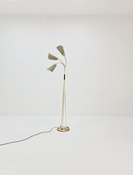 German Modern Colorful three flex arms brass floor lamp, tütenlampe, 1950s