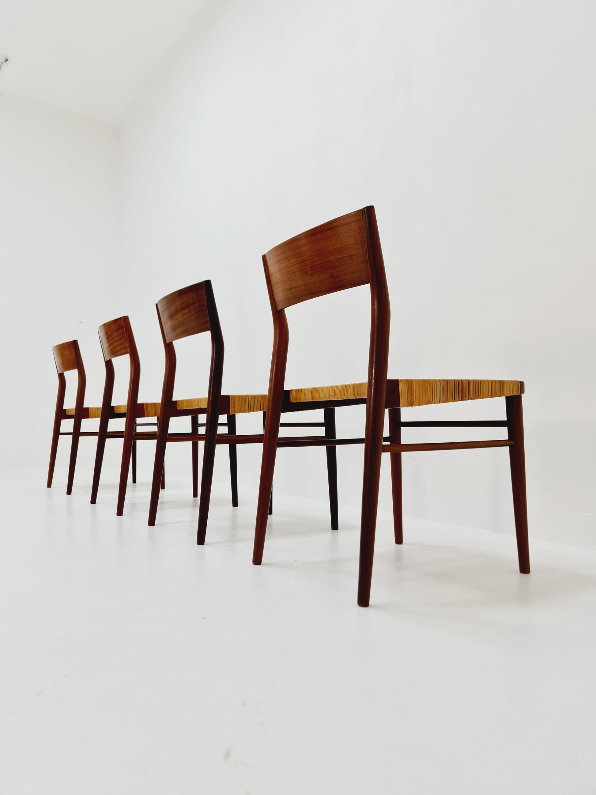 Mid Century German teak and rattan chairs by Georg Leowald for Wilkhahn, 1960s, Set of 4