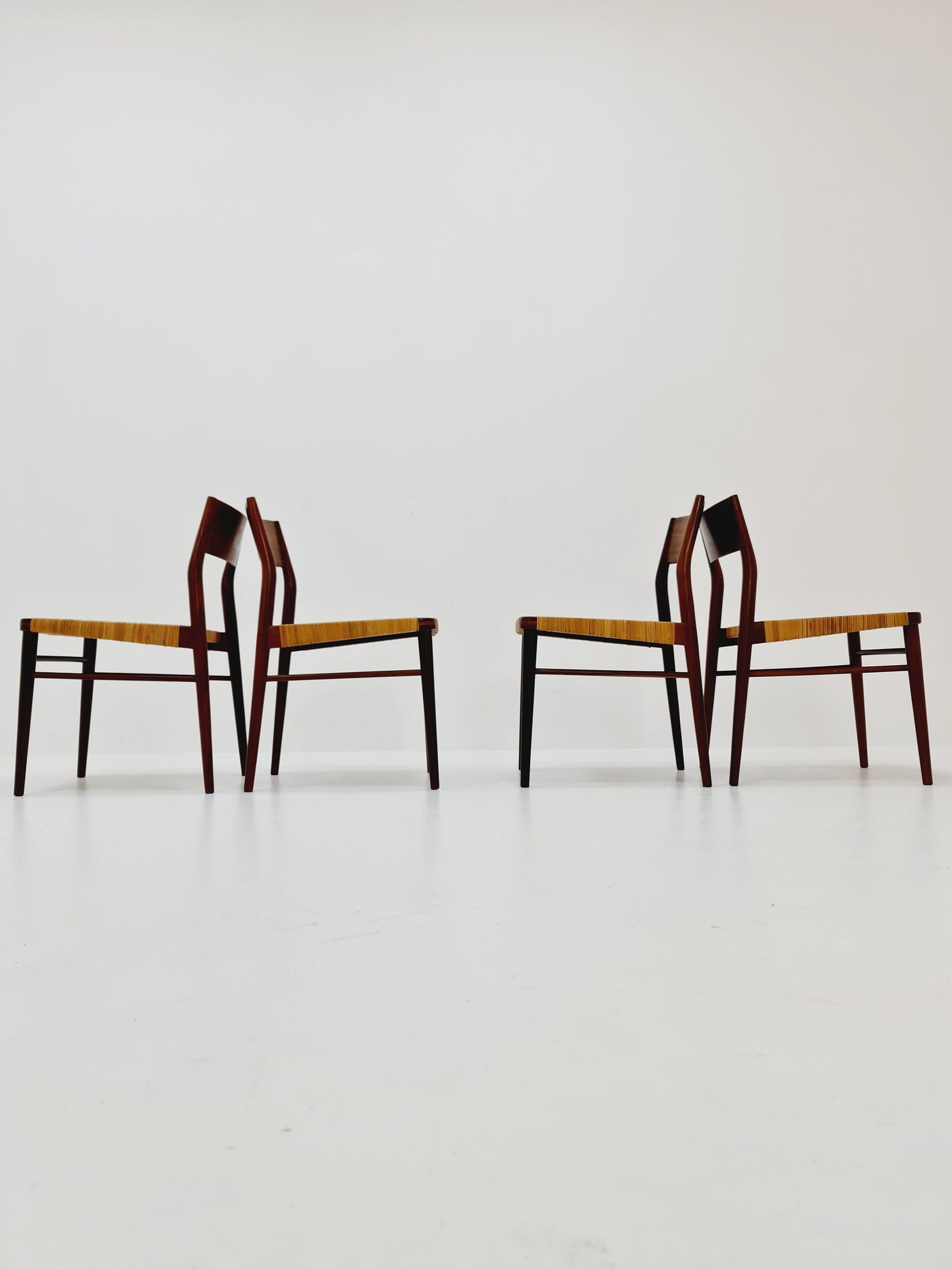 Mid Century German teak and rattan chairs by Georg Leowald for Wilkhahn, 1960s, Set of 4