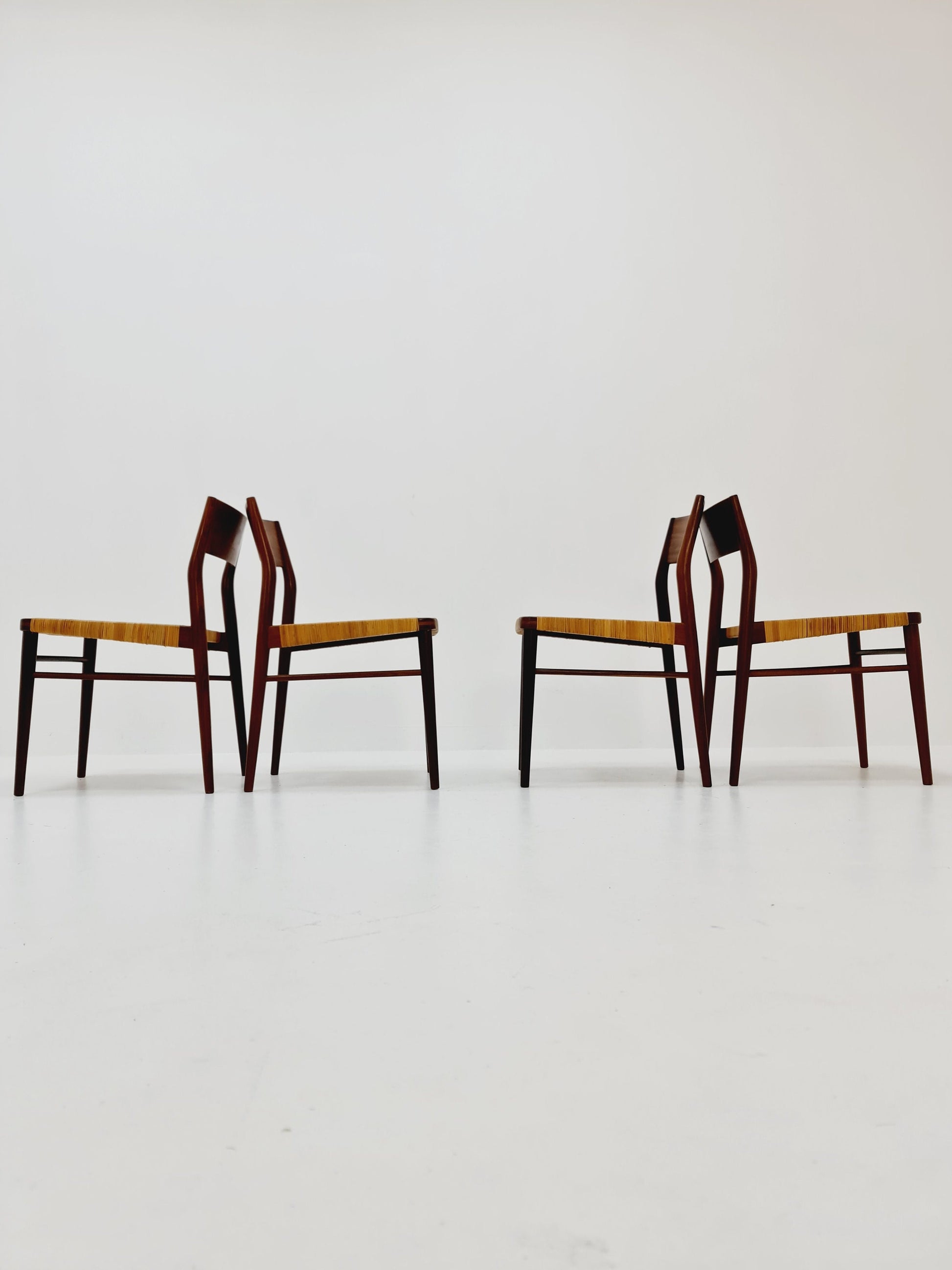 Mid Century German teak and rattan chairs by Georg Leowald for Wilkhahn, 1960s, Set of 4