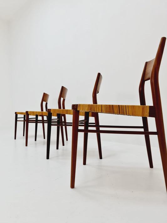 Mid Century German teak and rattan chairs by Georg Leowald for Wilkhahn, 1960s, Set of 4