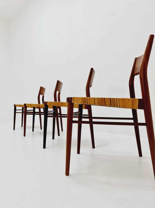 Mid Century German teak and rattan chairs by Georg Leowald for Wilkhahn, 1960s, Set of 4