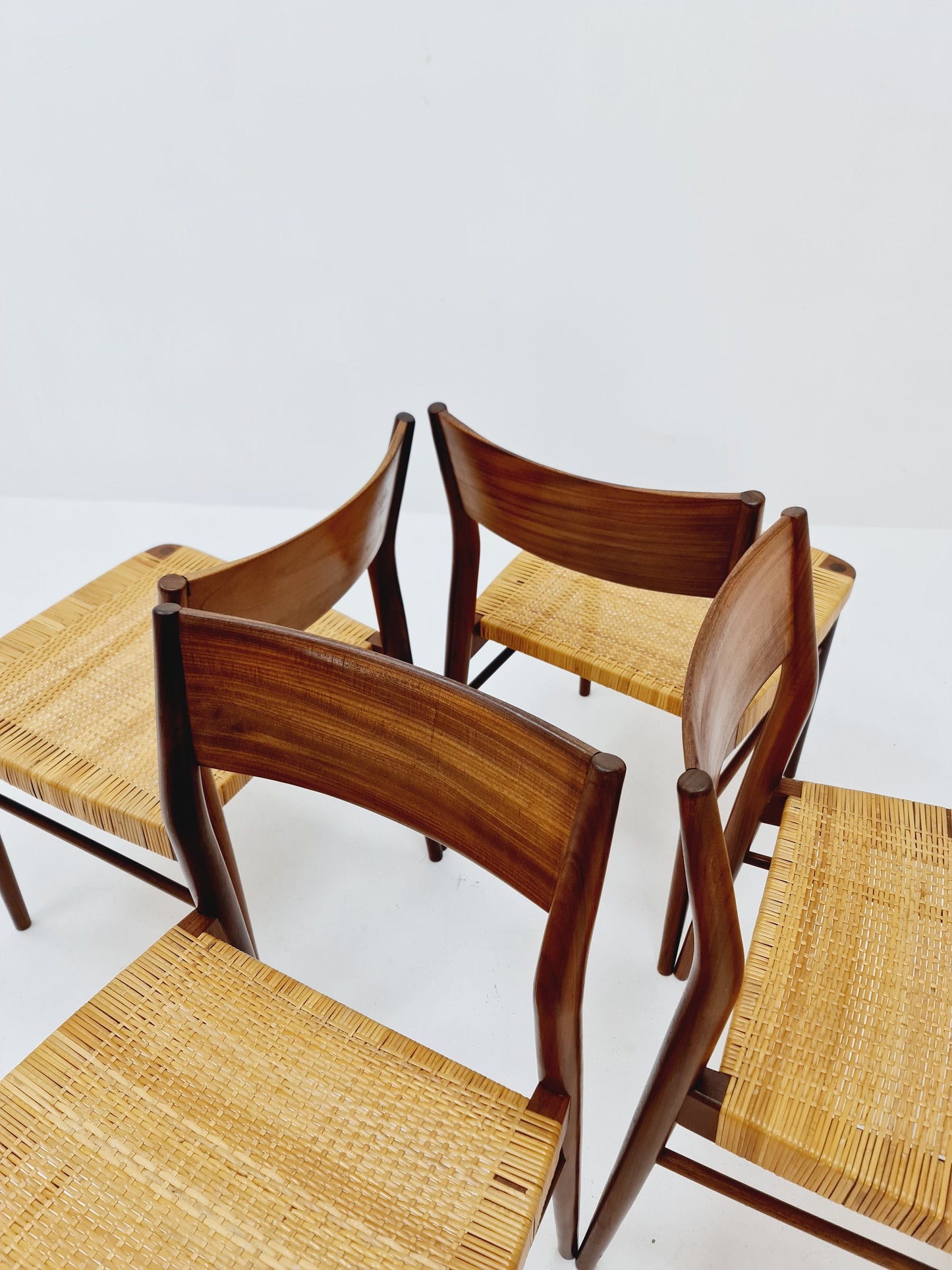 Mid Century German teak and rattan chairs by Georg Leowald for Wilkhahn, 1960s, Set of 4