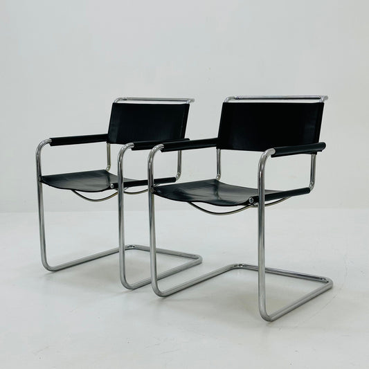 Set of 2 black S34 tubular steel chairs by Mart Stam for Jox Interni - 1970s