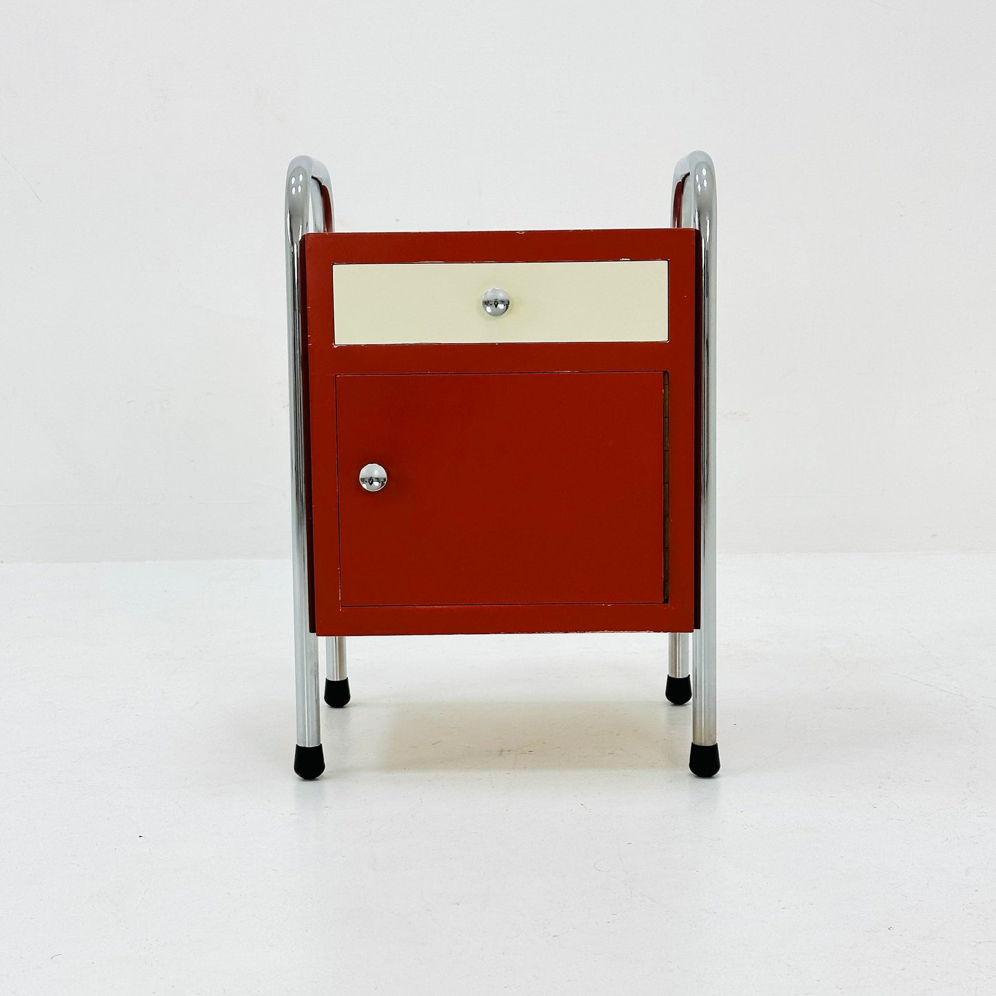 Bauhaus nightstand with drawer in red & white 1970s