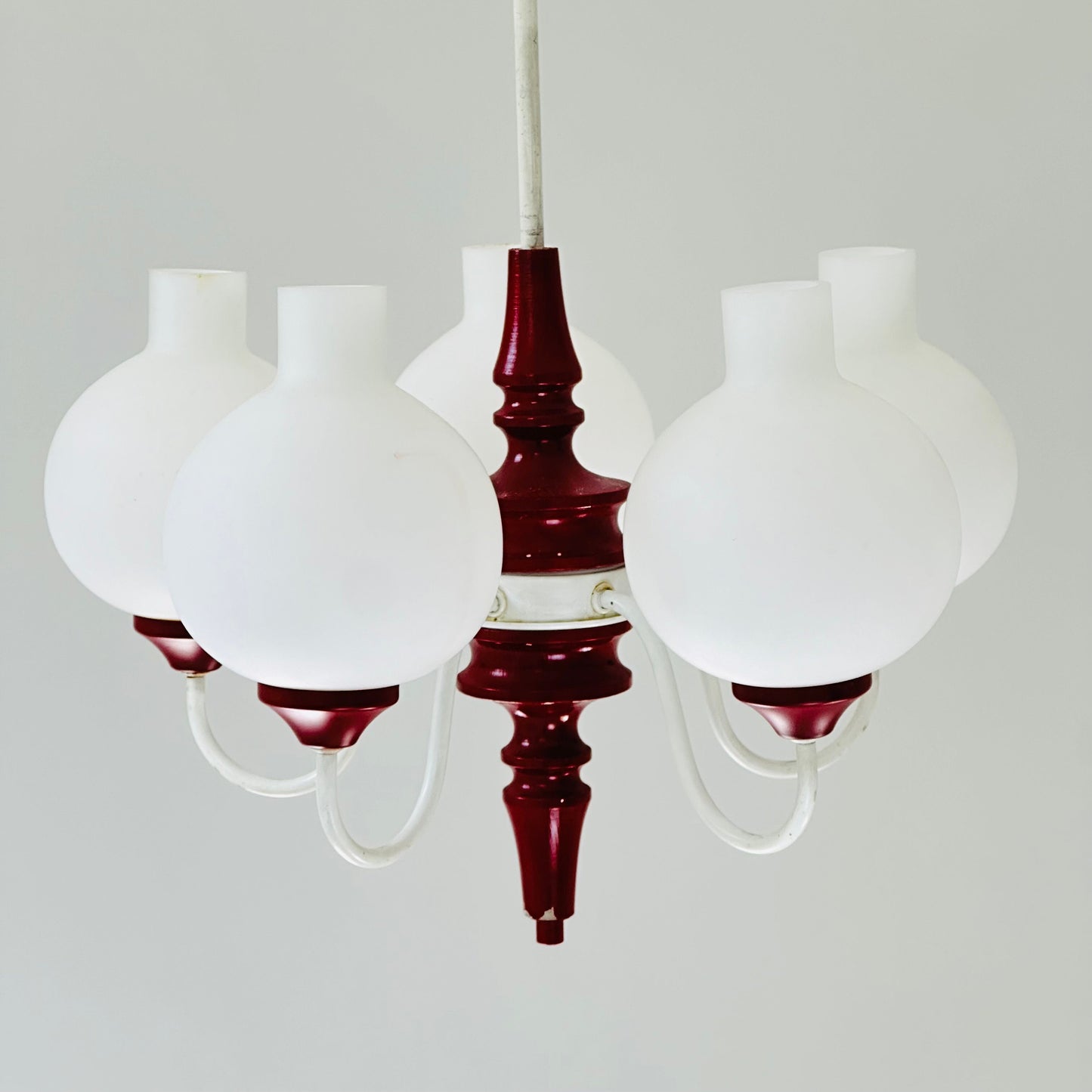German mid century 5 Opal Glass and Bordeaux Body Chandelier by Kaiser Leuchten, 1960s, Germany