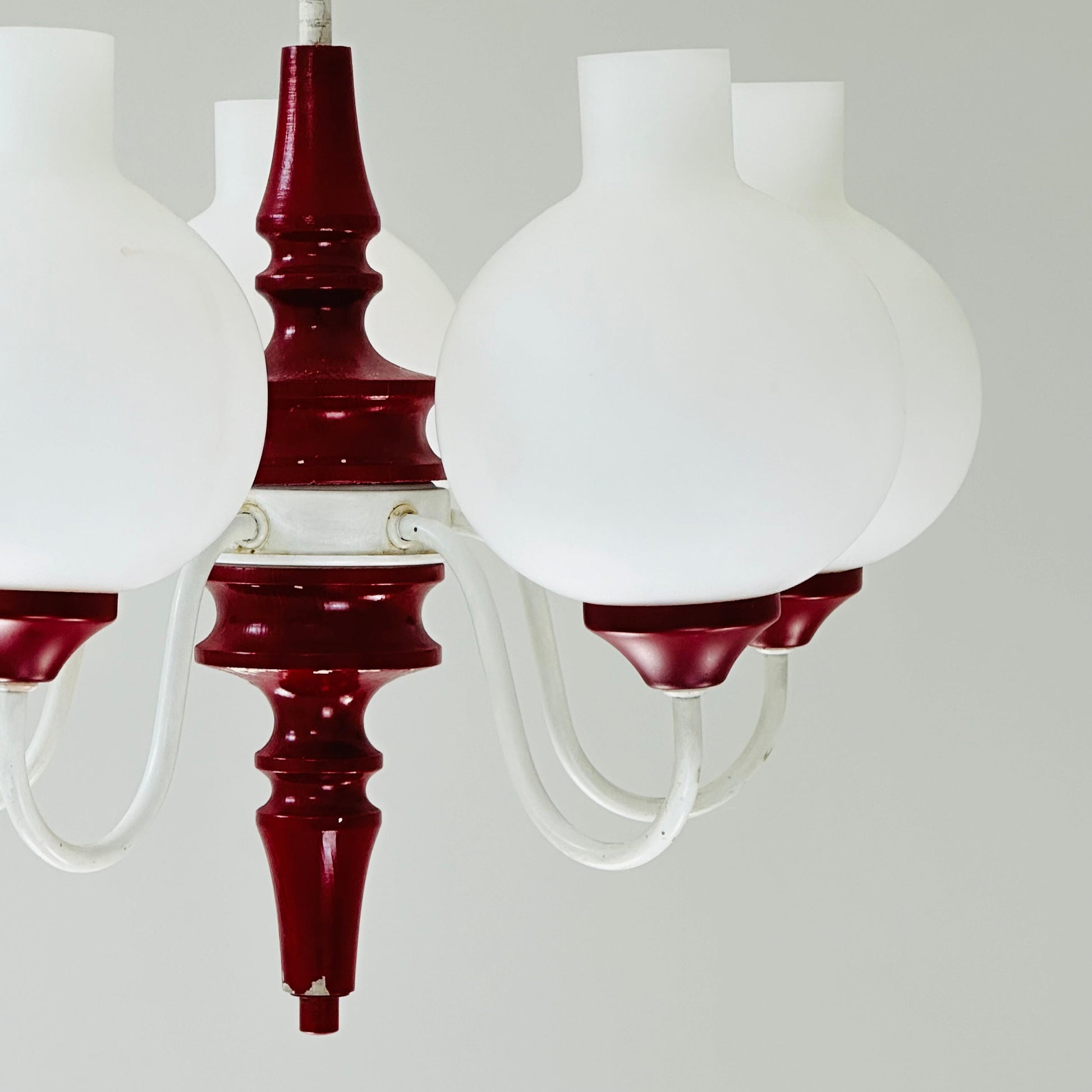 German mid century 5 Opal Glass and Bordeaux Body Chandelier by Kaiser Leuchten, 1960s, Germany