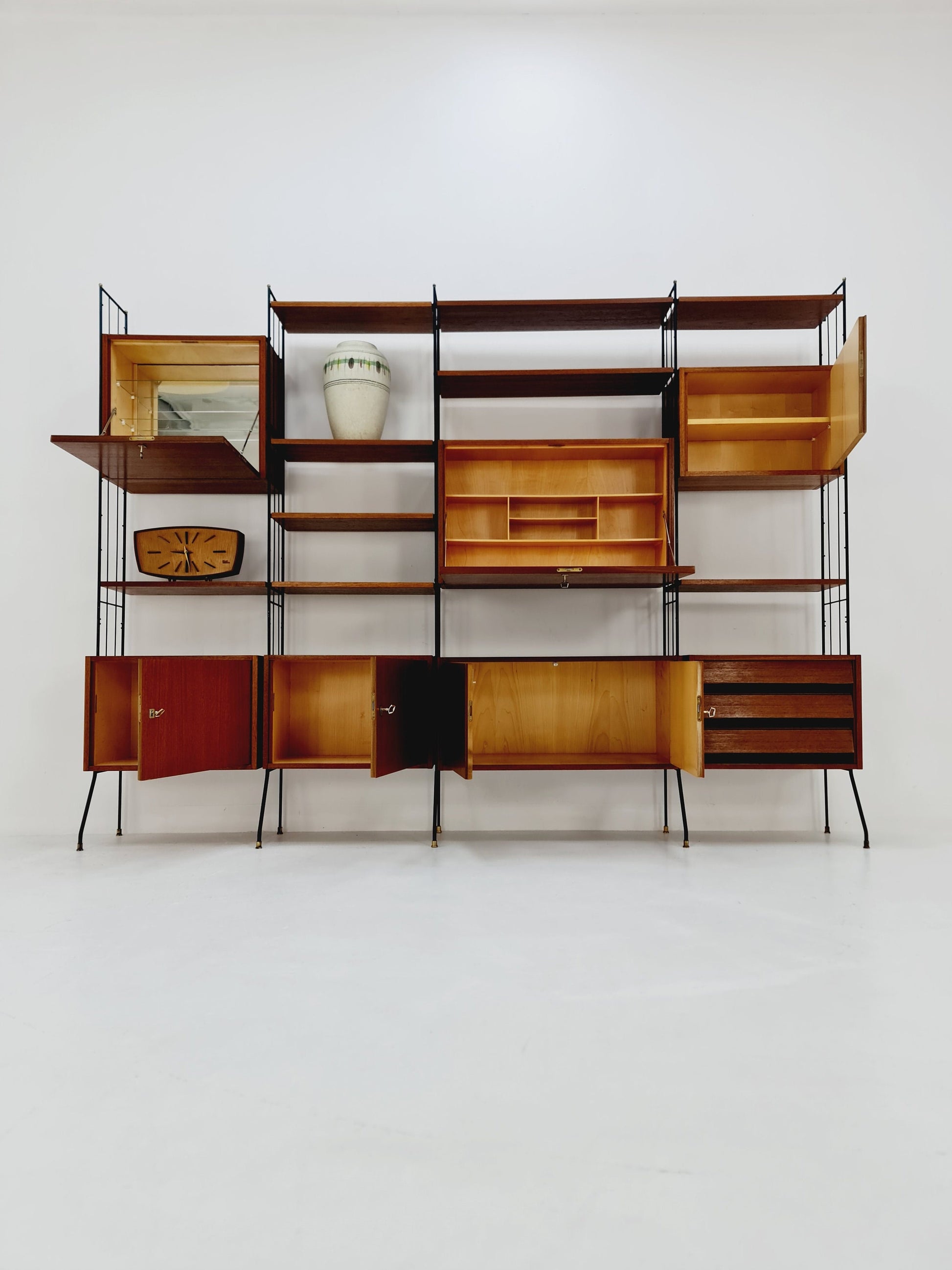 Freestanding string shelf-system unit bookcase teak & metal by Silverschild Germany, 1950s
