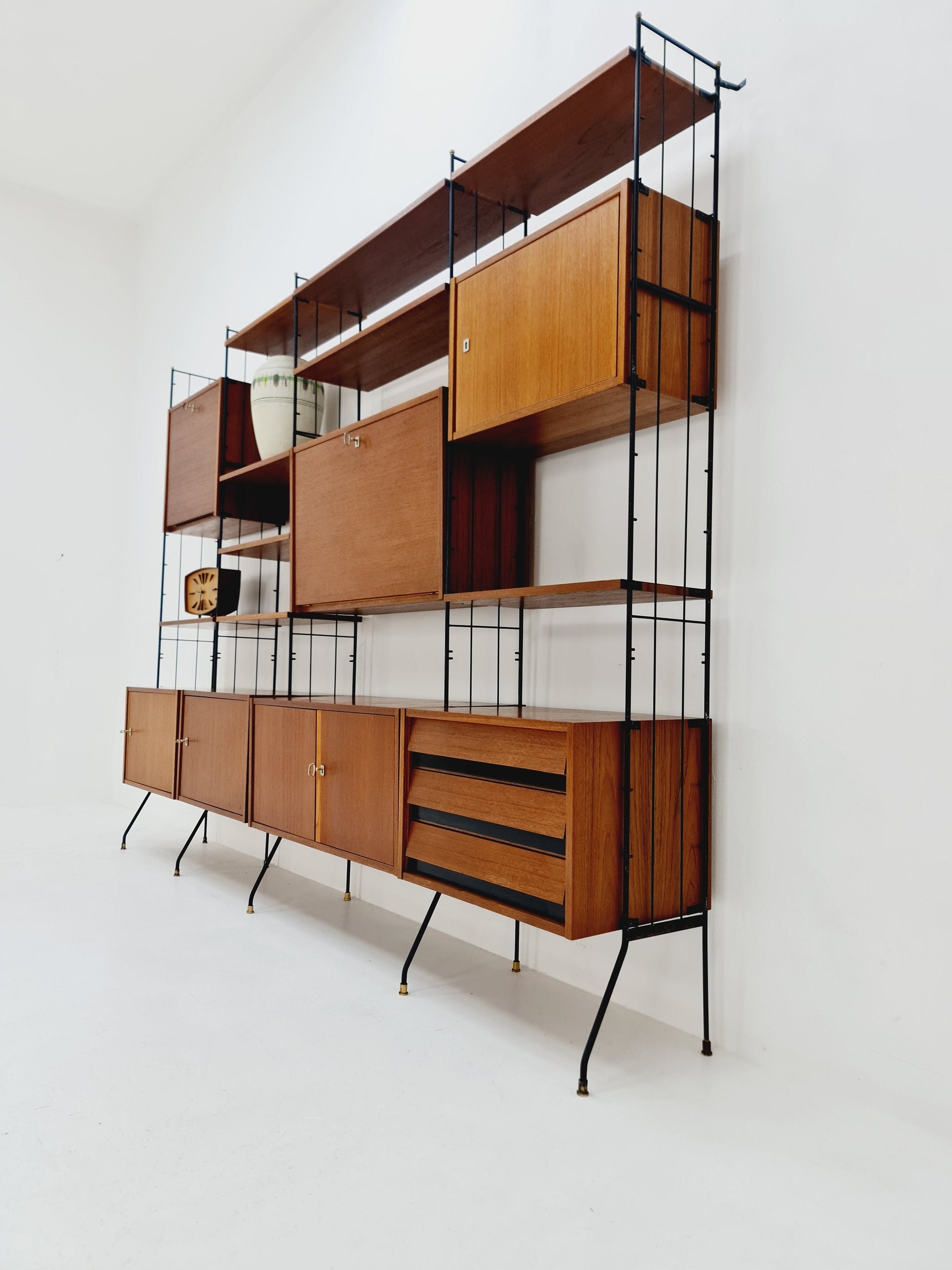 Freestanding string shelf-system unit bookcase teak & metal by Silverschild Germany, 1950s