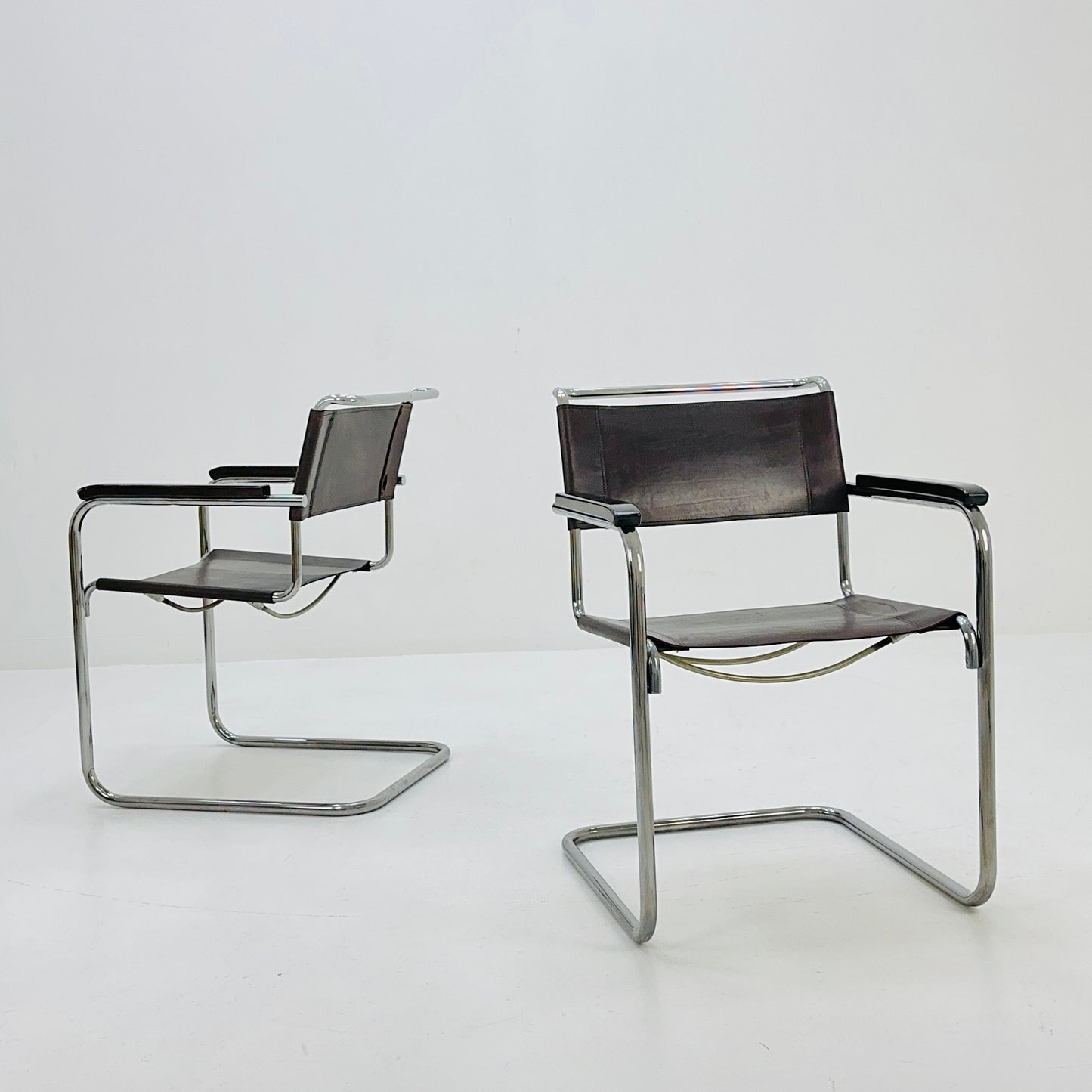 Set of 2 Bauhaus brown leather iconic armchairs by mart Stam for Thonet 1980s