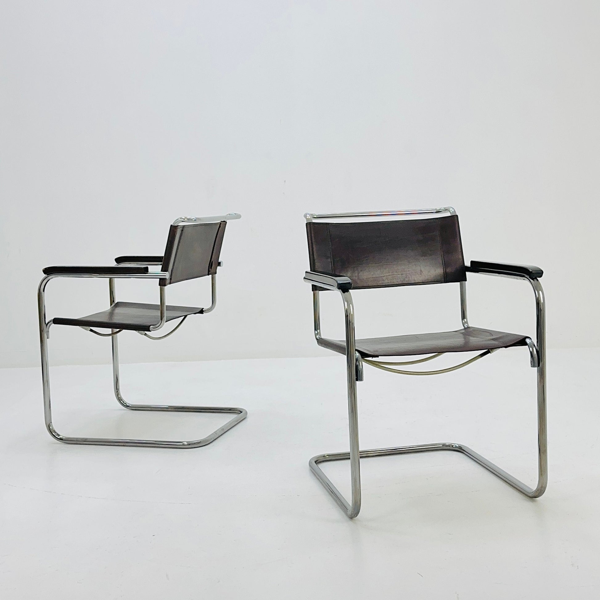 Set of 2 Bauhaus brown leather iconic armchairs by mart Stam for Thonet 1980s