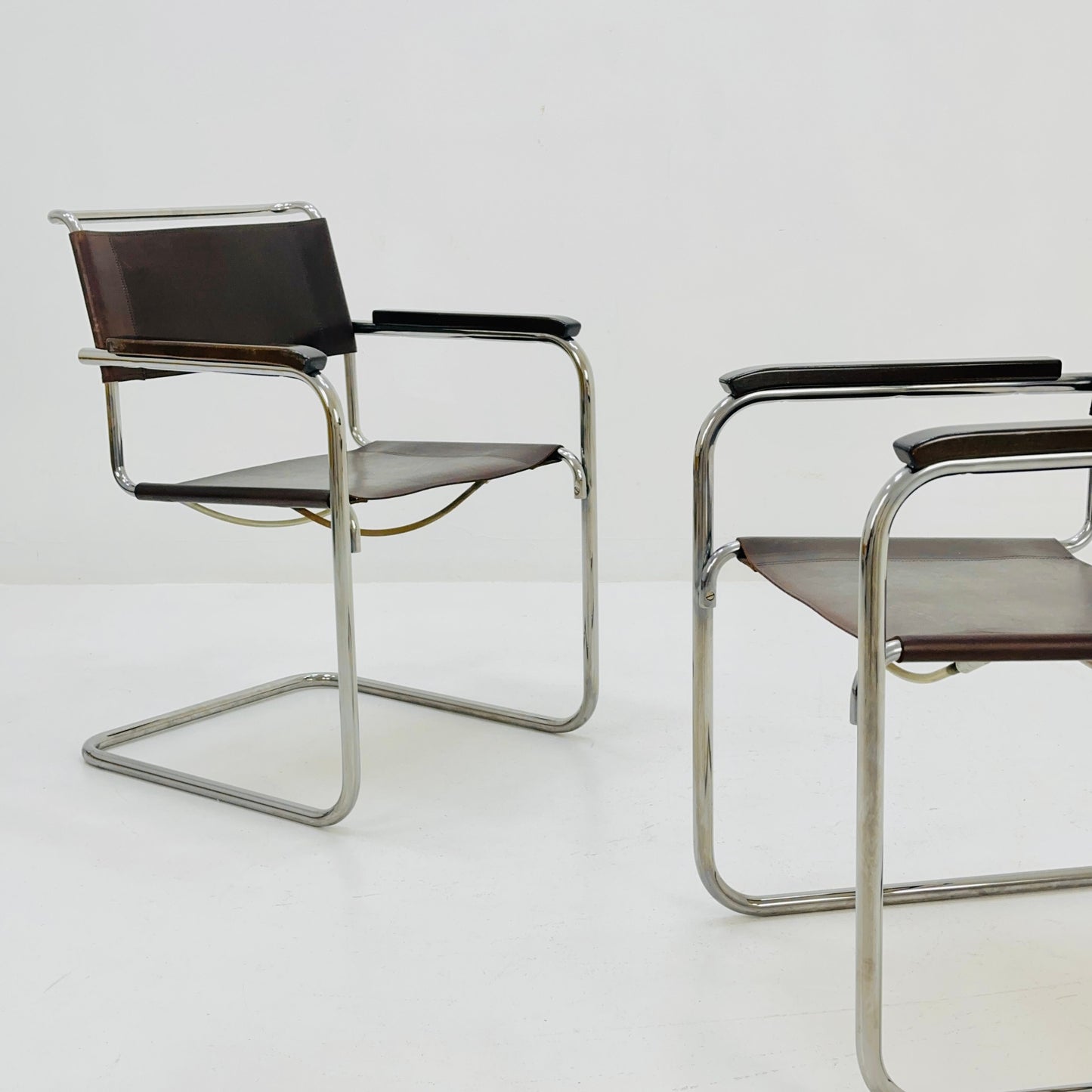 Set of 2 Bauhaus brown leather iconic armchairs by mart Stam for Thonet 1980s
