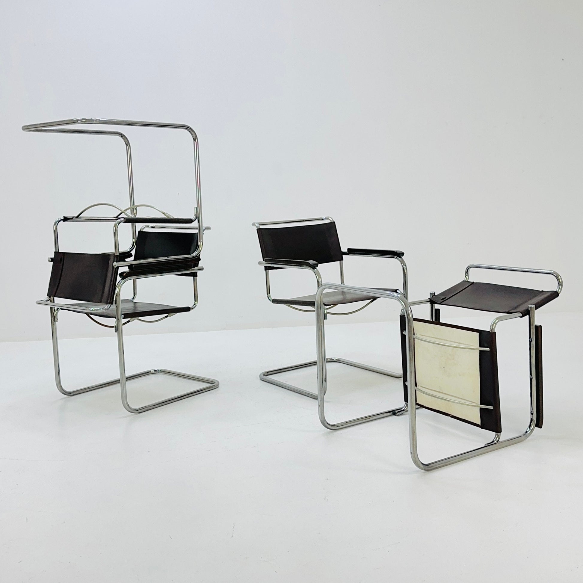 Set of 4 Bauhaus brown leather iconic armchairs by mart Stam for Thonet 1980s
