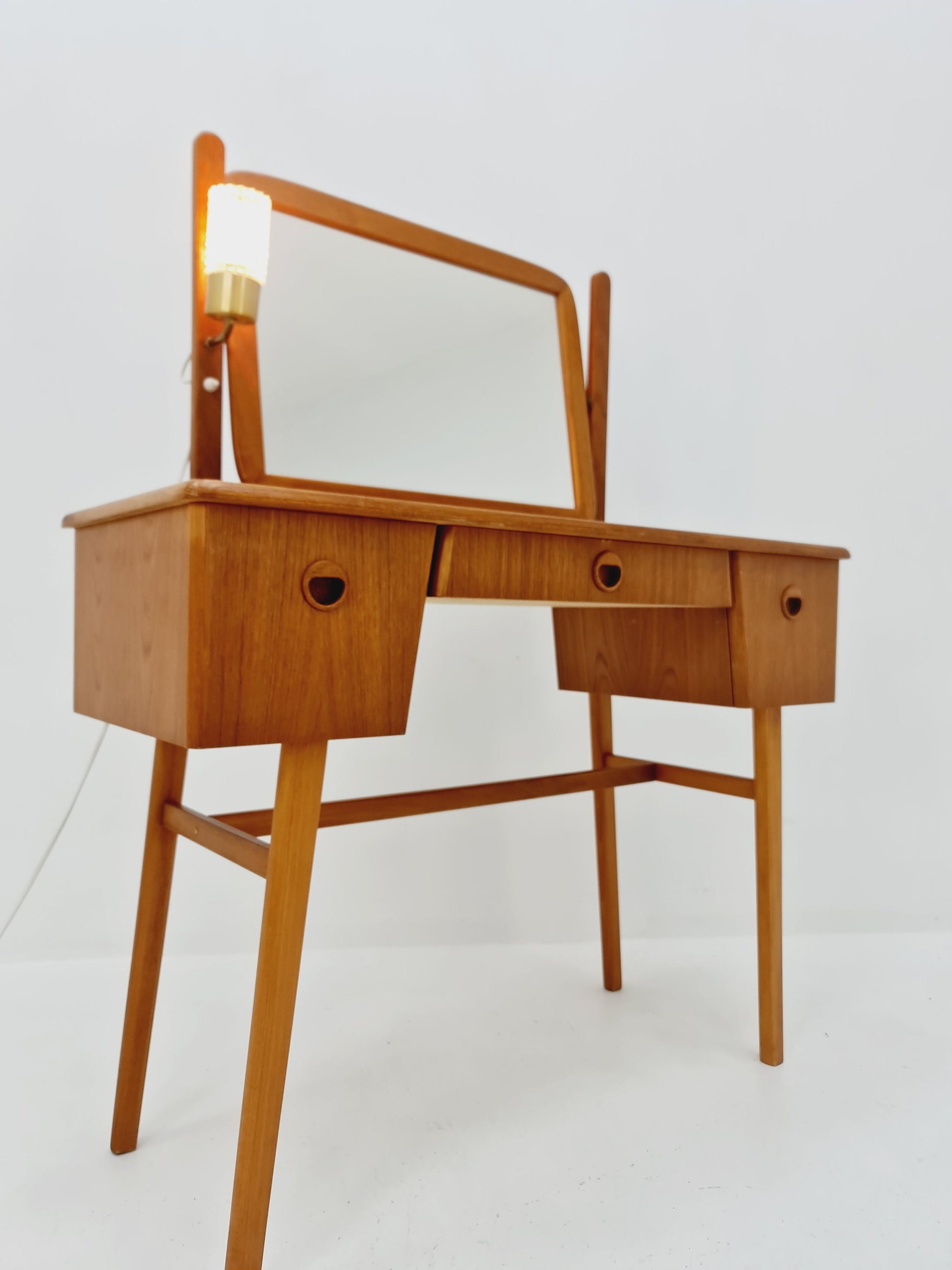Mid Century Modern Danish teak & oak vanity table with stool make up table by Fröseke for AB nybrofabriken, 1960s