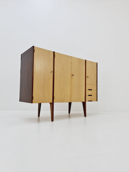 Midcentury German vintage Ash & walnut Highboard, By InterLübke 1960s