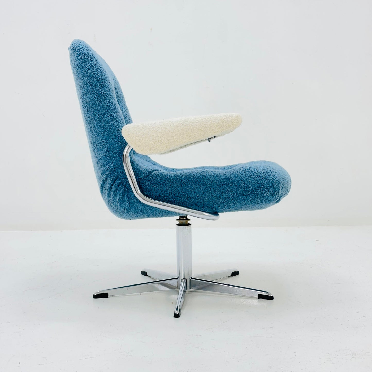 Mid century swivel desk chair with blue &white teddy fabric 1970s
