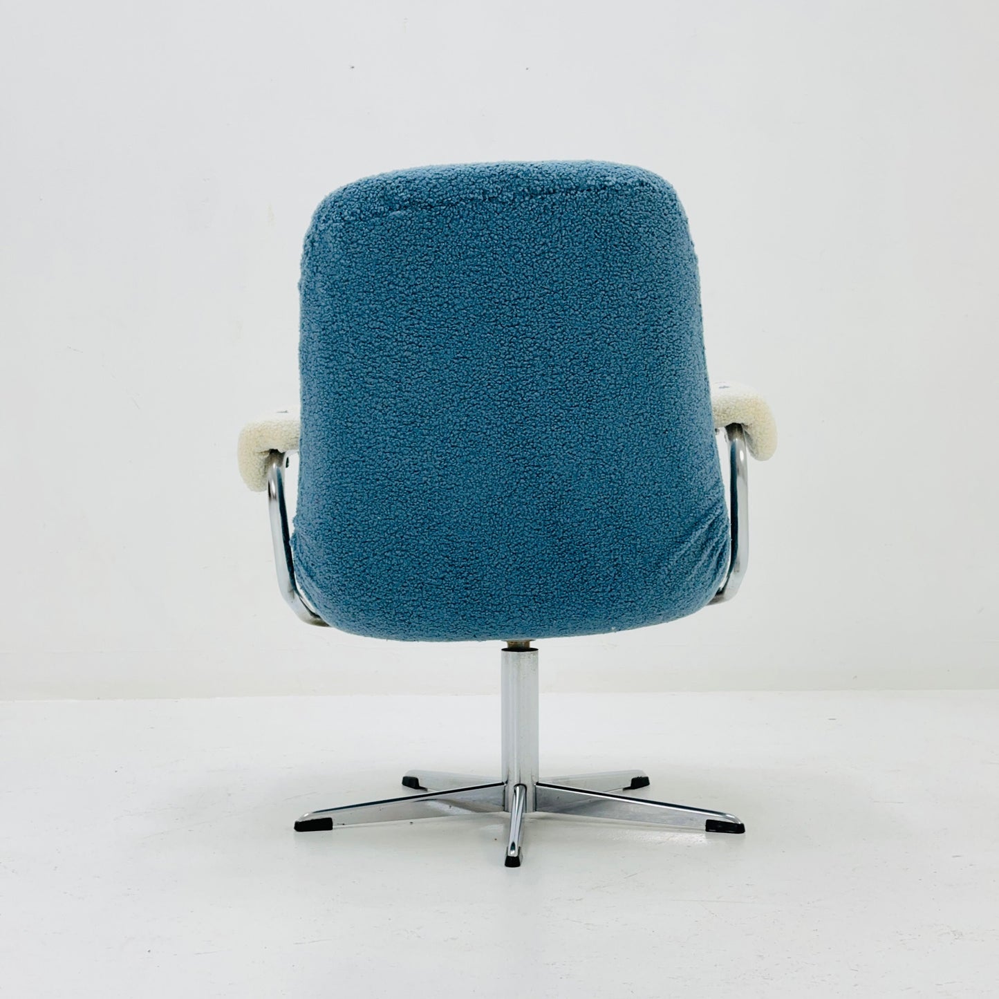 Mid century swivel desk chair with blue &white teddy fabric 1970s