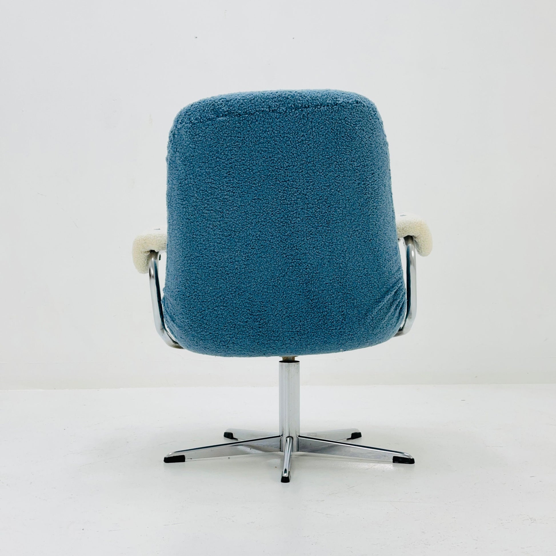 Mid century swivel desk chair with blue &white teddy fabric 1970s