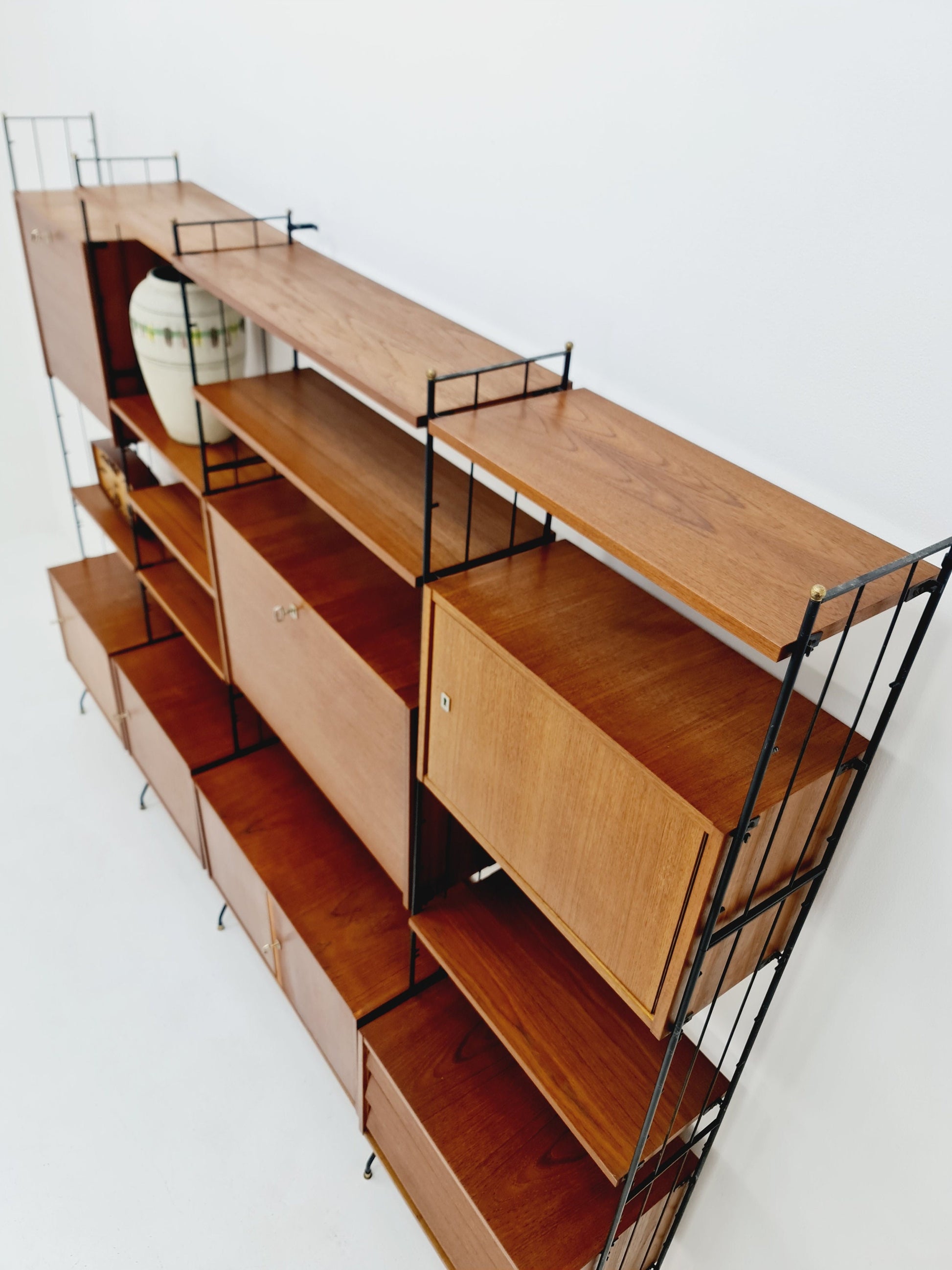 Freestanding string shelf-system unit bookcase teak & metal by Silverschild Germany, 1950s