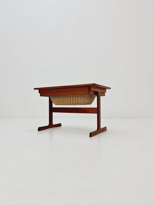 Vintage Danish teak and rattan sewing table/ side table cabinet By Kai Kristiansen for vildbjerg, 1960s
