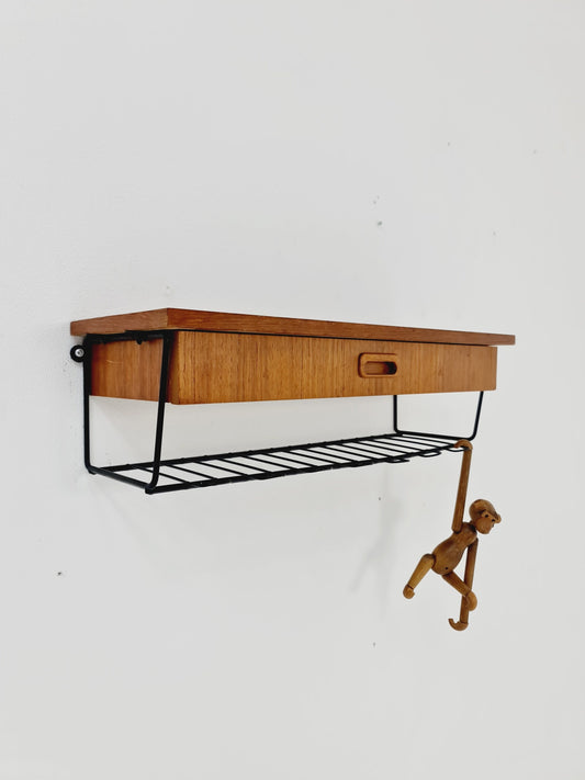 Scandinavian string teak floating/ hanging bedside table/ nightstand, 1960s