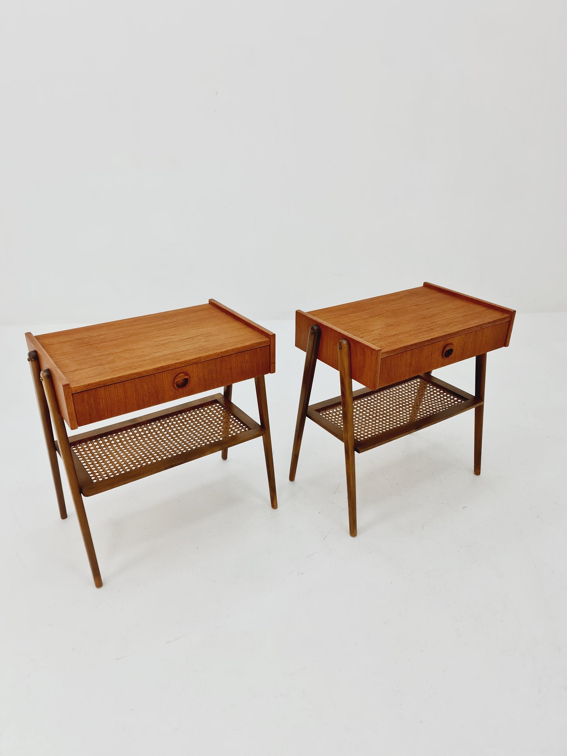 Danish Midcentury Side table/ Bedside table/ Night stand rattan and teak, set of 2