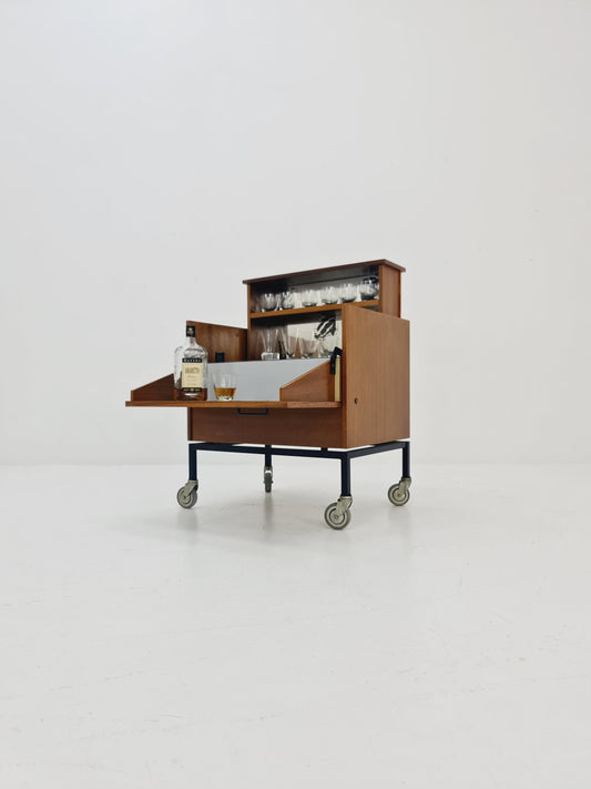 Super rare German mid century bar cart trolley in teak & Metal, 1960s