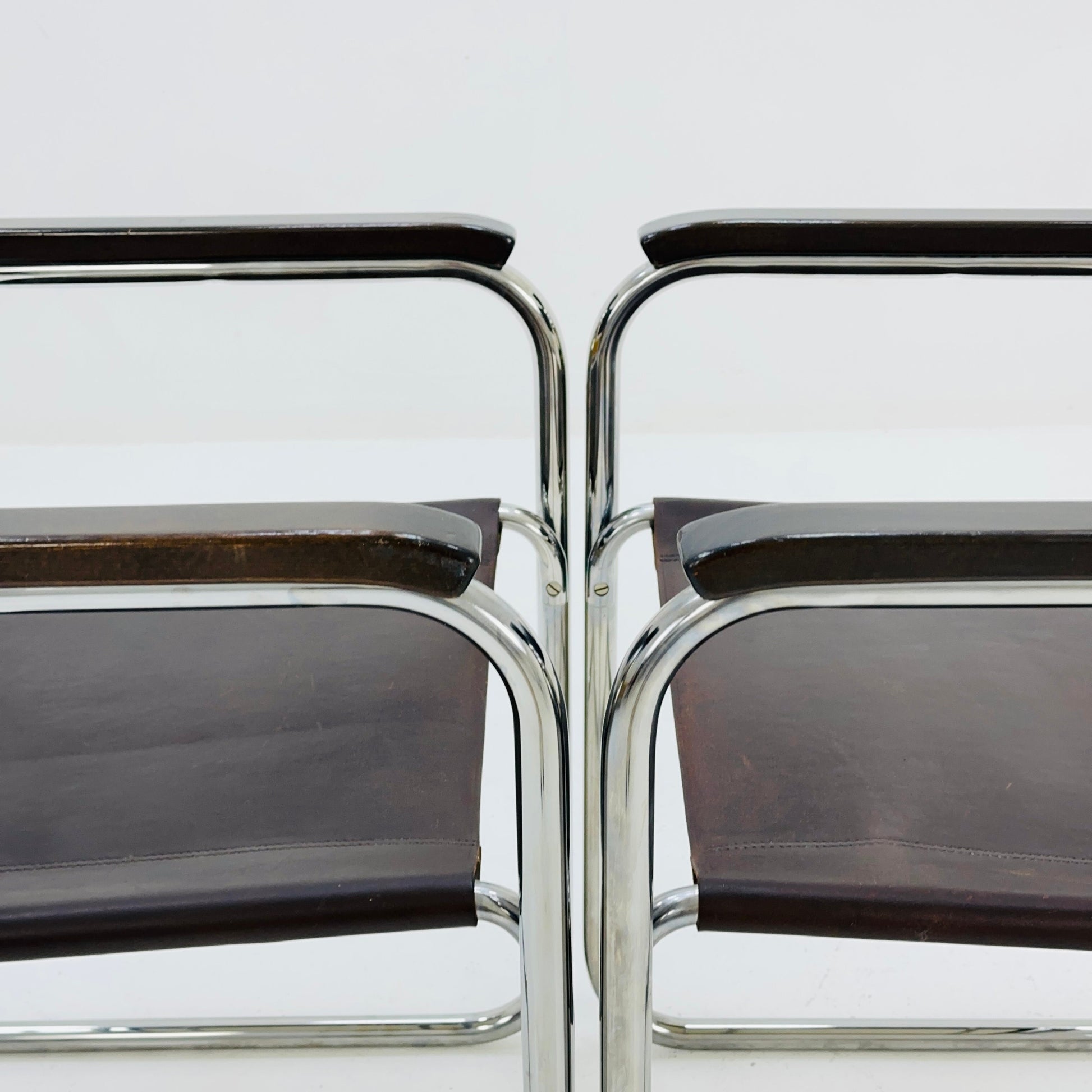 Set of 2 Bauhaus brown leather iconic armchairs by mart Stam for Thonet 1980s