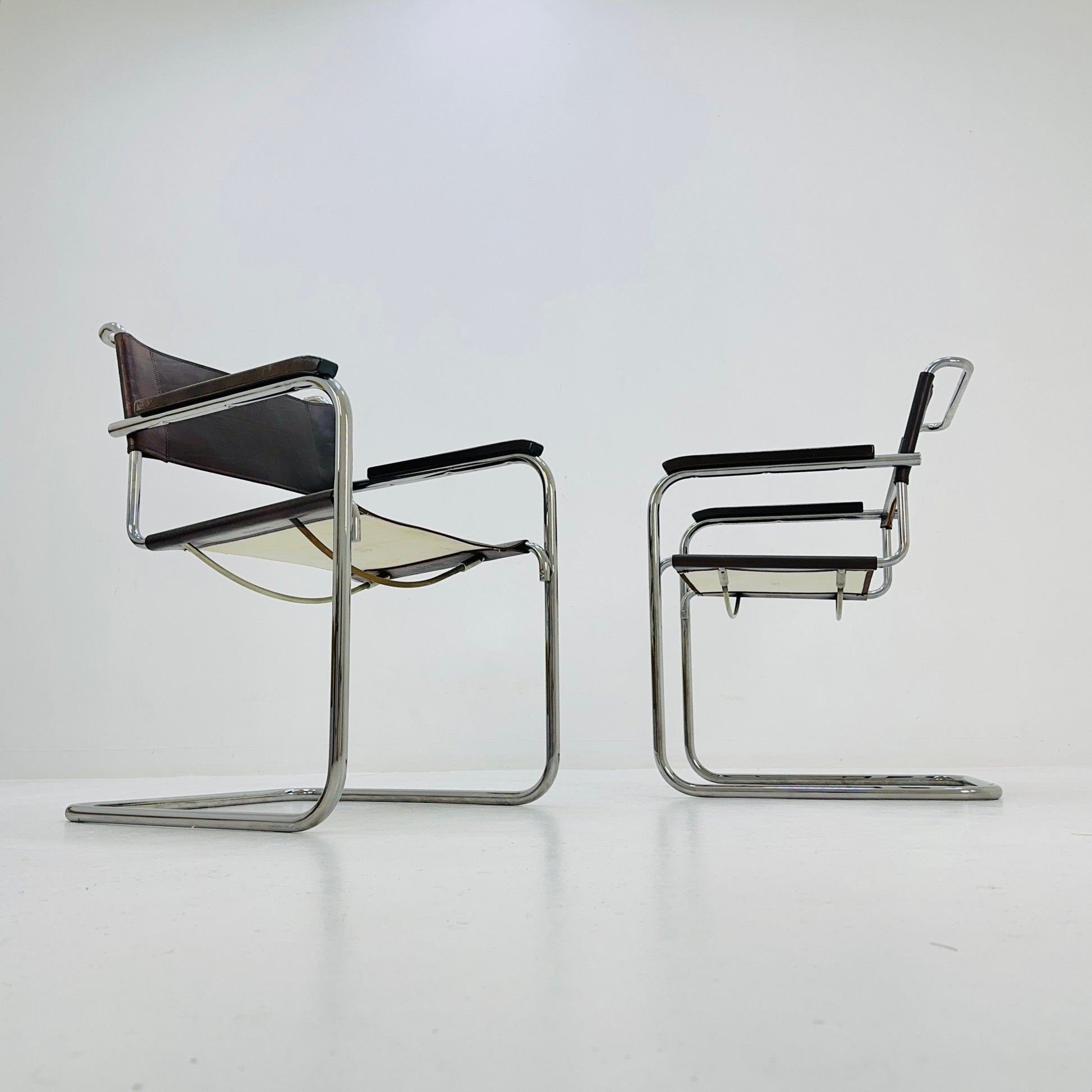 Set of 2 Bauhaus brown leather iconic armchairs by mart Stam for Thonet 1980s