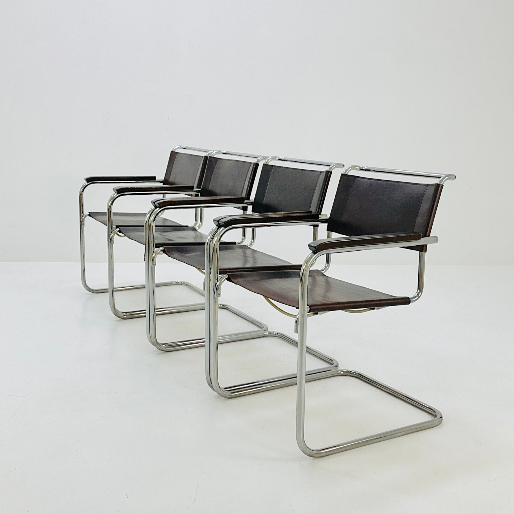 Set of 4 Bauhaus brown leather iconic armchairs by mart Stam for Thonet 1980s