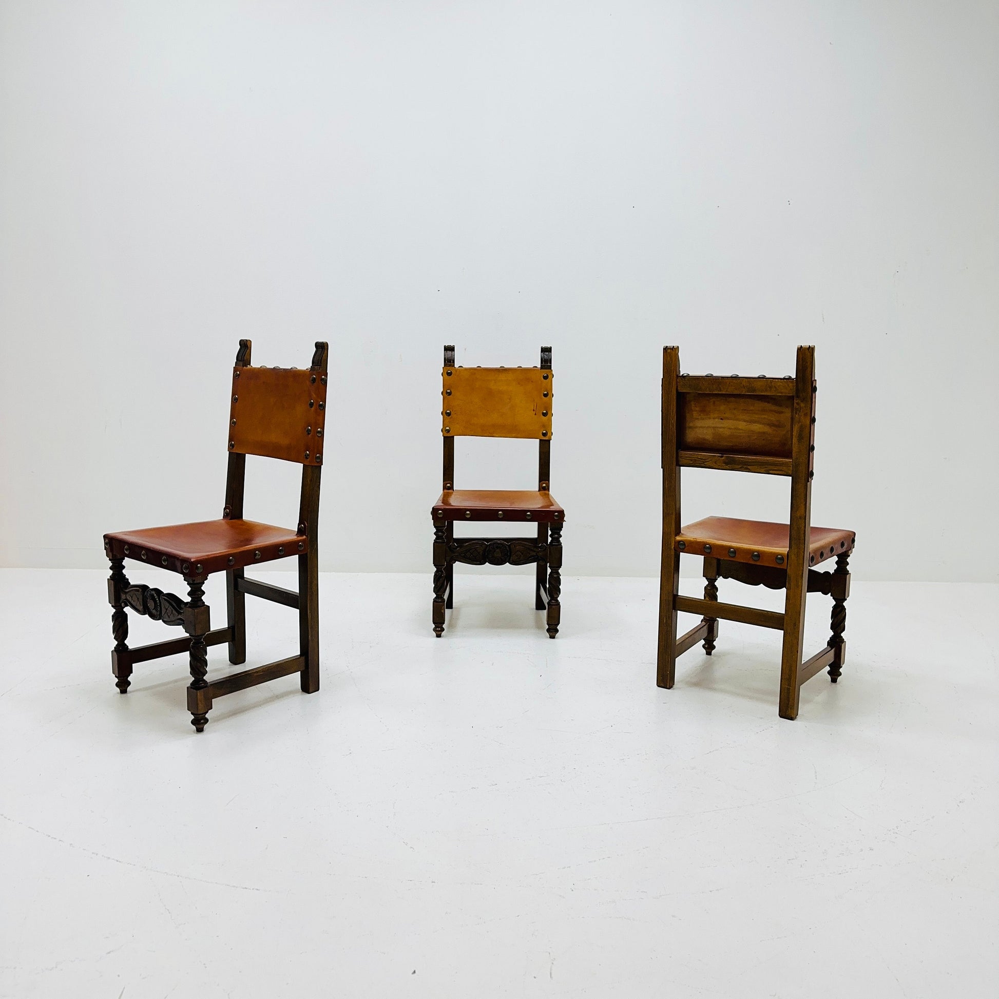 1 of 3 Antique Swedish Folk Art Farm Country Dining Chairs In Pine And Tan Leather 1890s