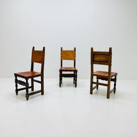 1 of 3 Antique Swedish Folk Art Farm Country Dining Chairs In Pine And Tan Leather 1890s