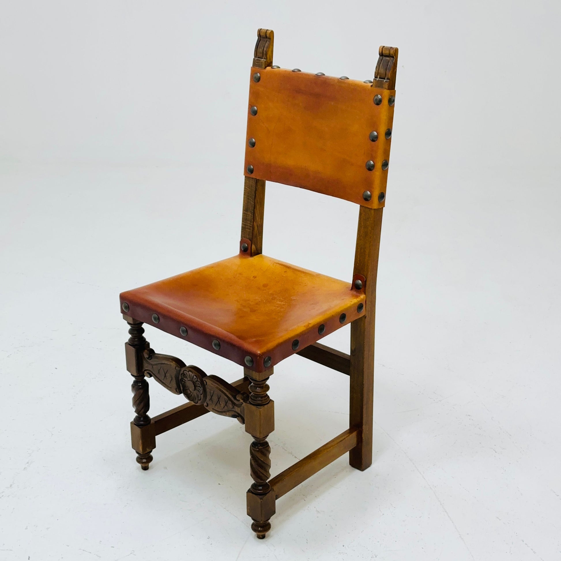 1 of 3 Antique Swedish Folk Art Farm Country Dining Chairs In Pine And Tan Leather 1890s