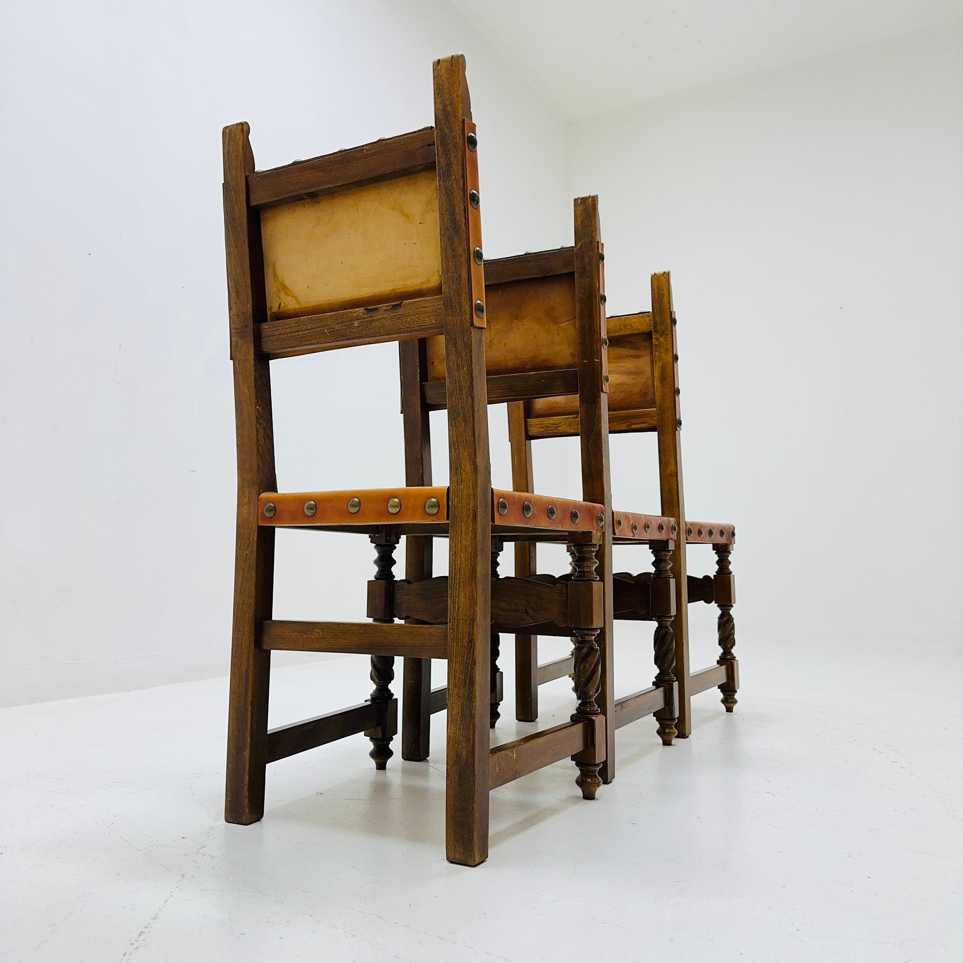 1 of 3 Antique Swedish Folk Art Farm Country Dining Chairs In Pine And Tan Leather 1890s