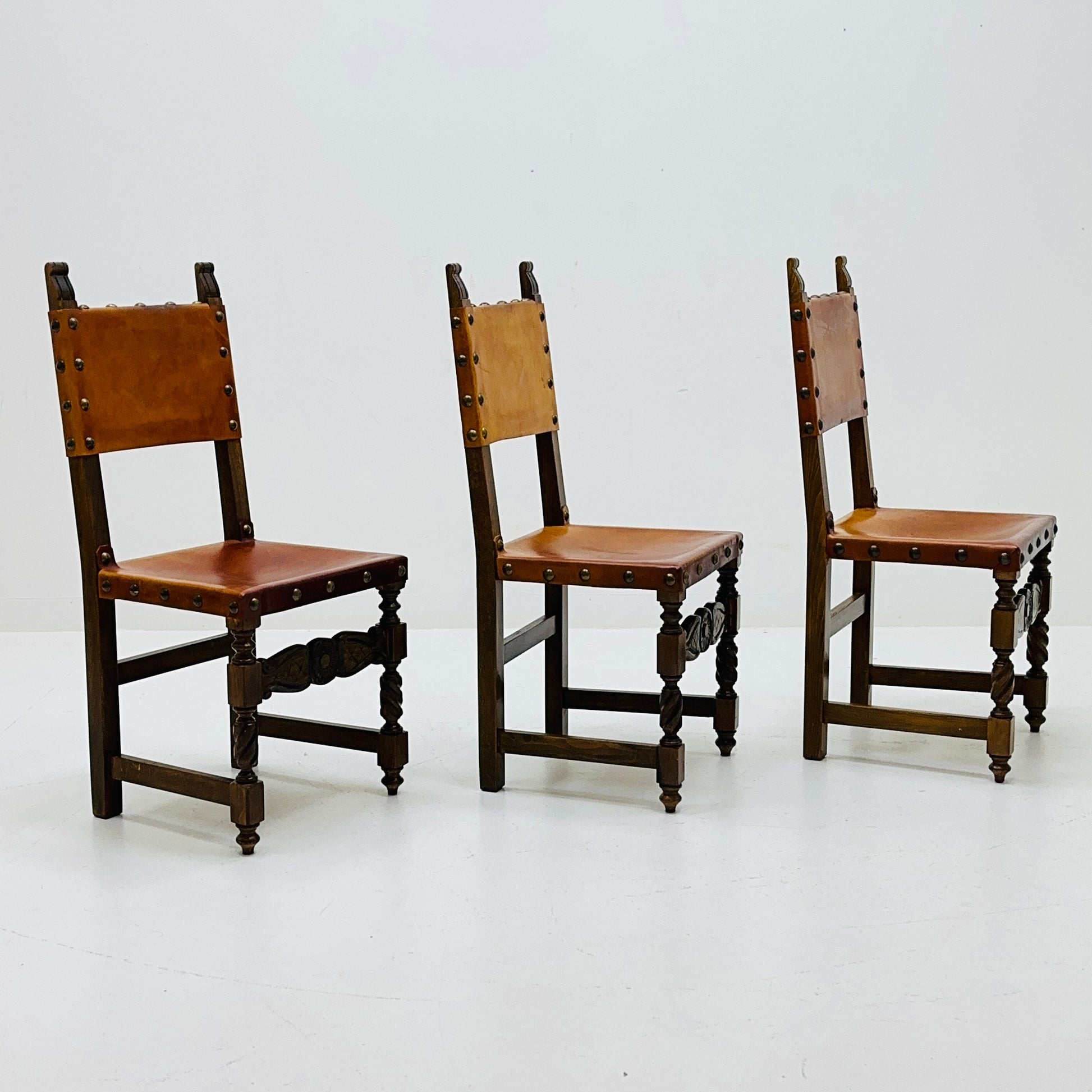 1 of 3 Antique Swedish Folk Art Farm Country Dining Chairs In Pine And Tan Leather 1890s