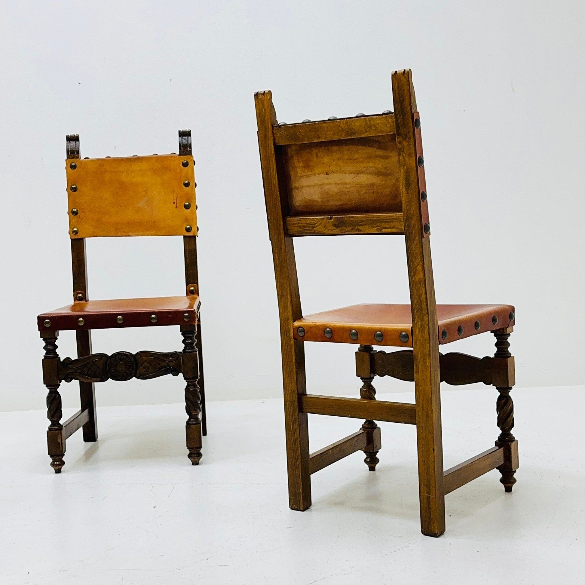 1 of 3 Antique Swedish Folk Art Farm Country Dining Chairs In Pine And Tan Leather 1890s