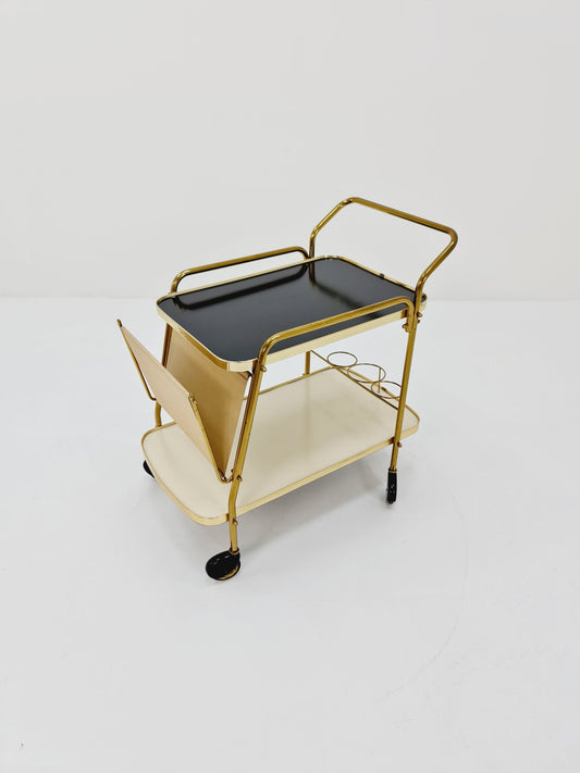 Vintage German mid century trolley bar cart in Brass with Magazine rack 1950s