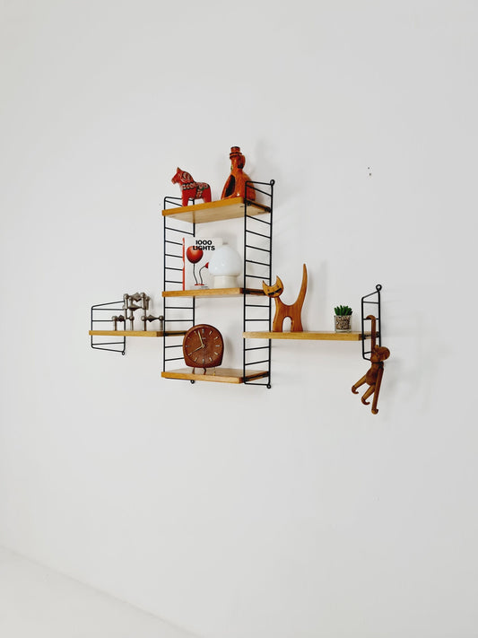 Original MCM Oak shelving system - consists of Black lacquered metal ladders, from string Stockholm 1960s