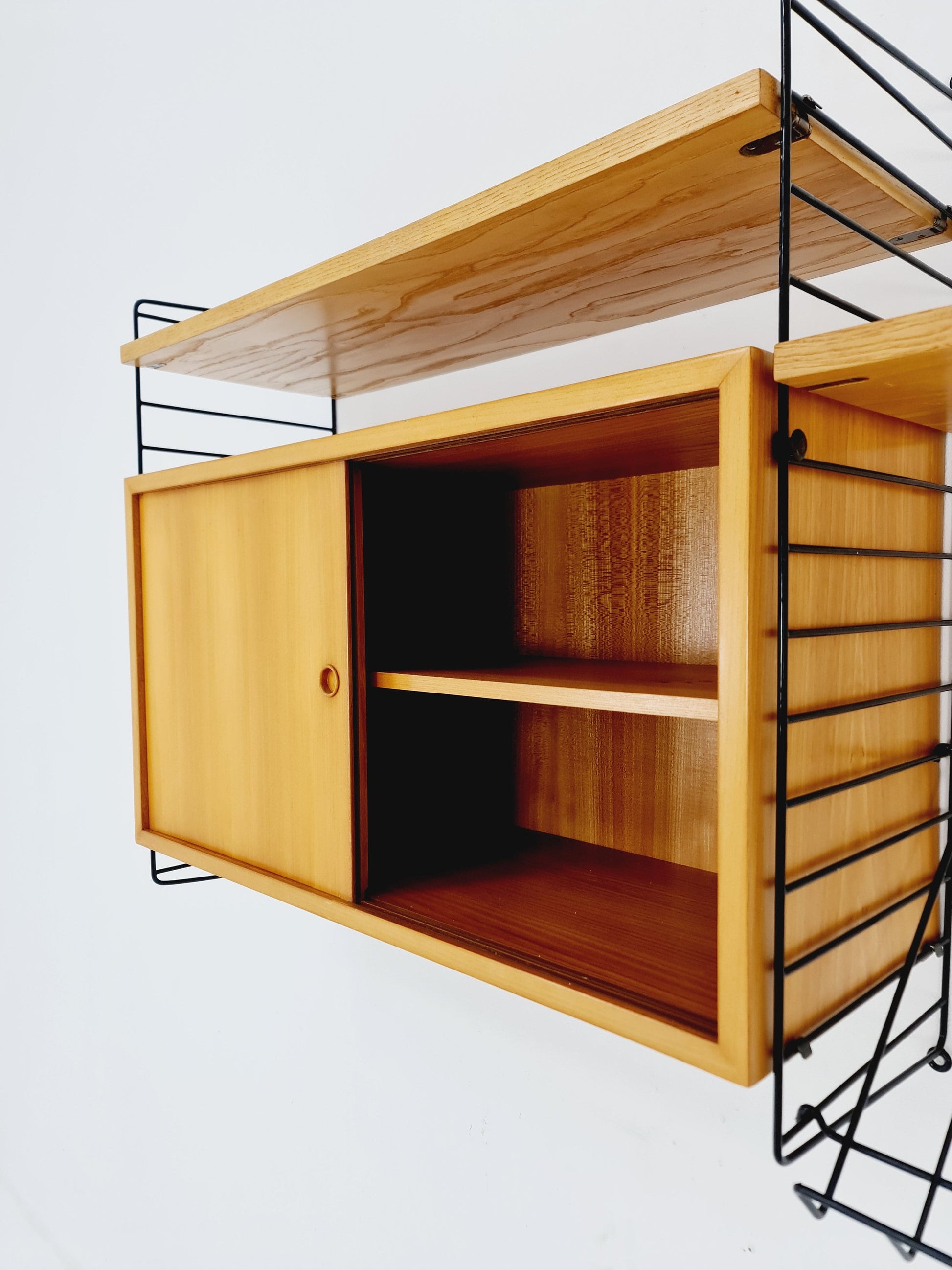 Wall-mounted original Swedish string shelf-system, drawers, bookcase teak by Nils & Kajsa Strinning, 1960s