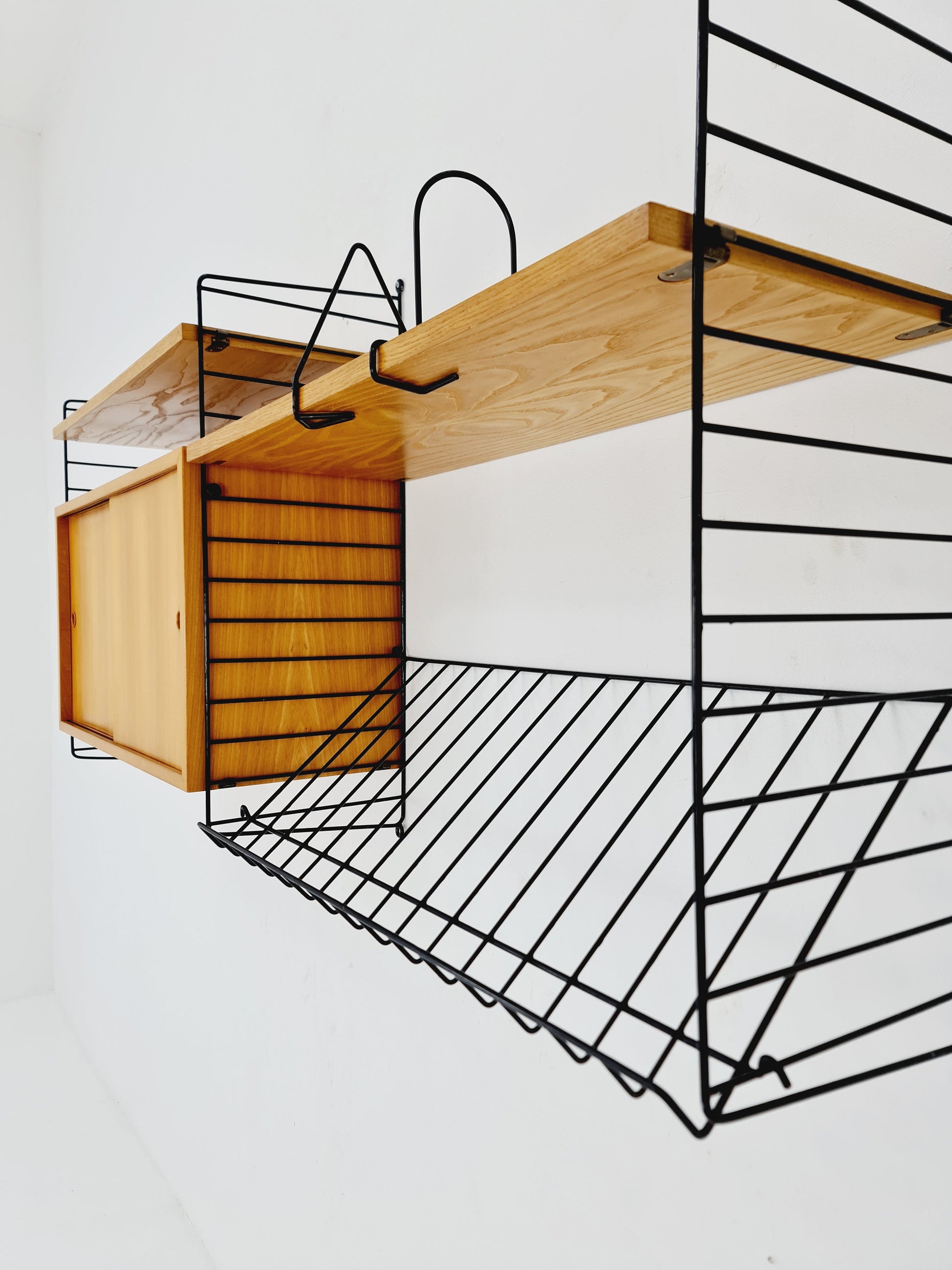 Wall-mounted original Swedish string shelf-system, drawers, bookcase teak by Nils & Kajsa Strinning, 1960s