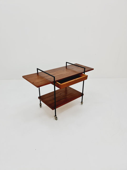 Vintage Danish mid century Extandable trolley bar cart in teak & metal with drawer , 1960s