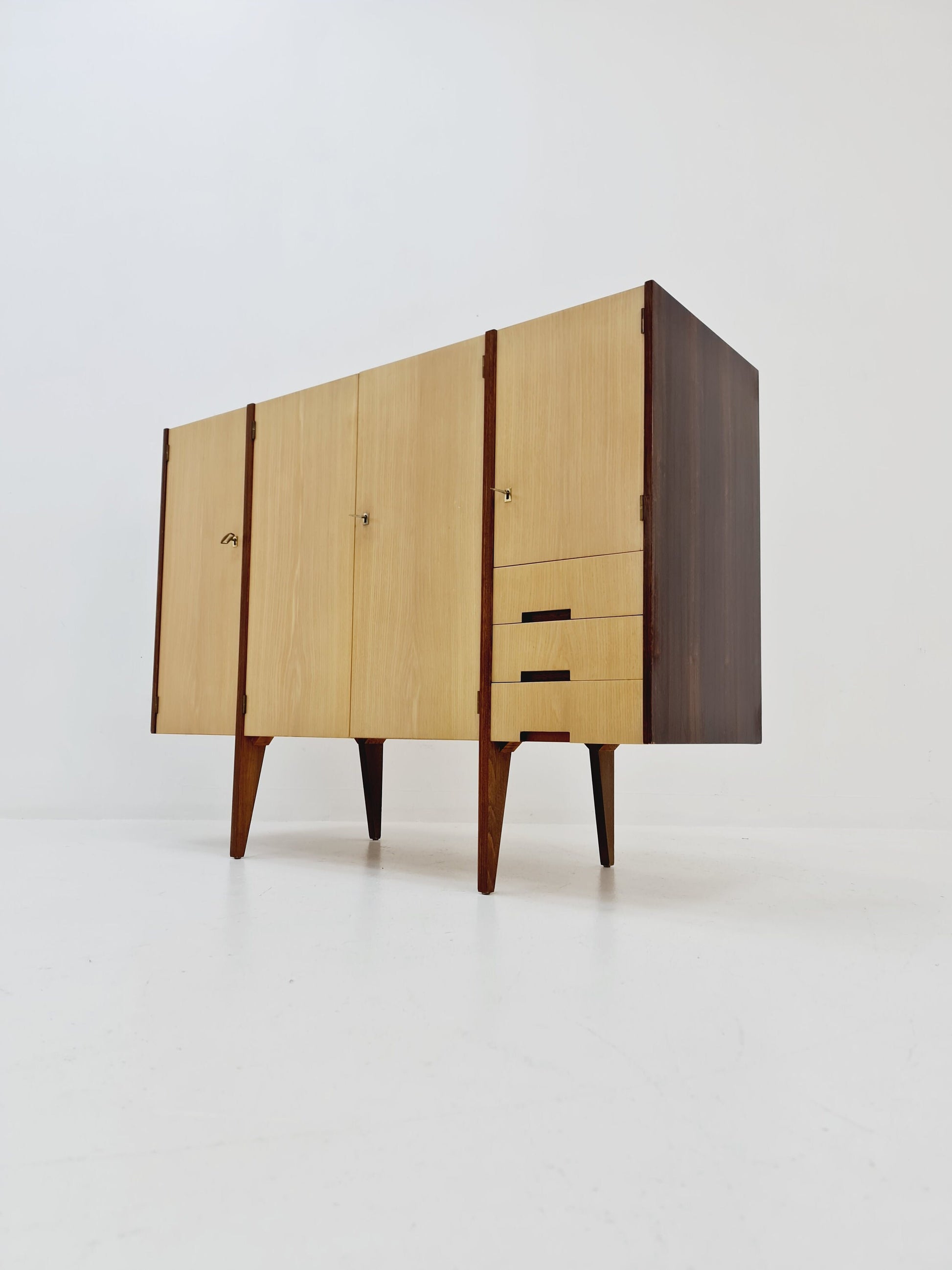 Midcentury German vintage Ash & walnut Highboard, By InterLübke 1960s