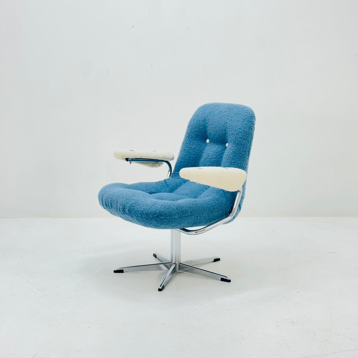 Mid century swivel desk chair with blue &white teddy fabric 1970s