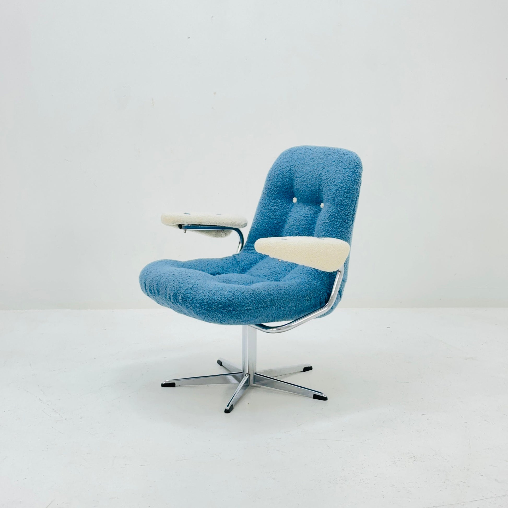 Mid century swivel desk chair with blue &white teddy fabric 1970s